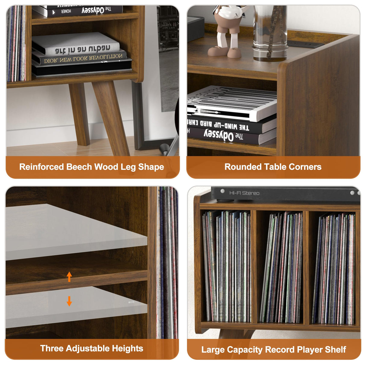 Forevich Record Player Stand Table with Vinyl Storage Holder Large Turntable Record Stand with Power Outlet Holds Up to 220 Albums Display Shelf Cabinet with Wood Legs for Living Room Rustic Brown Forevich