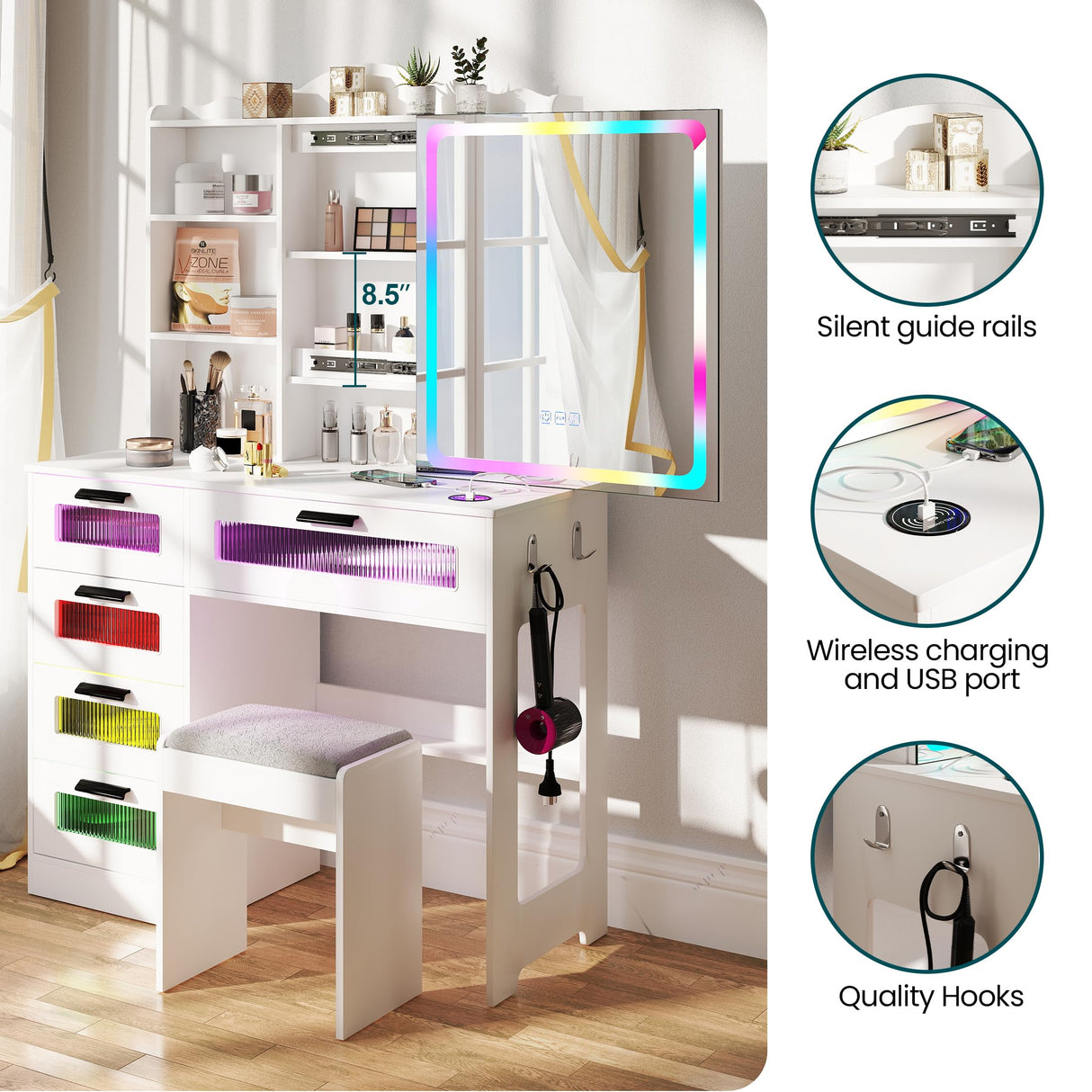 SumKea RGB LED Vanity Desk, Makeup Vanity Table with Mirror and Lights, Vanities Dressing Table with Drawers, Cushioned Stool, White SumKea