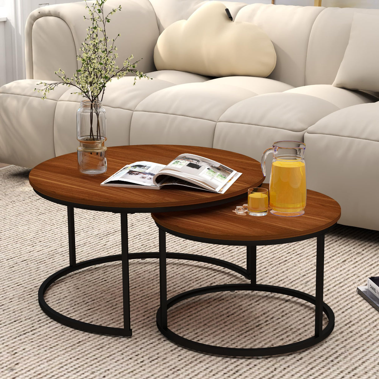 Otterease Nesting Tables Set of 2, 31.5" Round Coffee Table, Small Nesting Coffee Table with Adjustable Non-Slip Fee, Wood Grain Top Nesting Tables for Living Room, Bedroom (Wood Grain Brown) Otterease