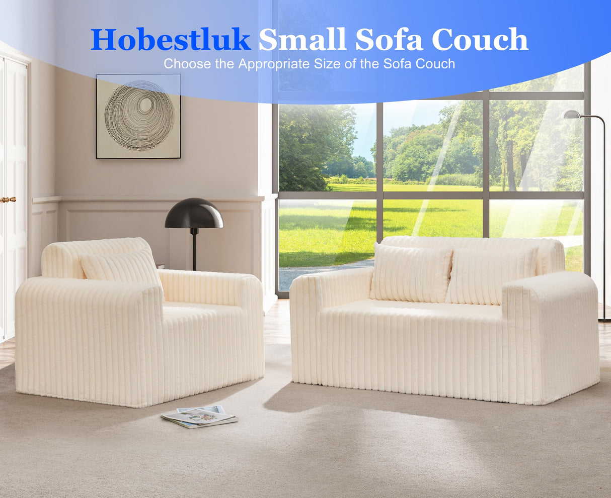Hobestluk Couch Sofa 2-Seater Foam Sofa Loveseat for Small Spaces Comfy Sofas with Removable Cover Furry Couch with Pillows for Living Room, Bedroom, Apartment, Office (White, Loveseat) Hobestluk