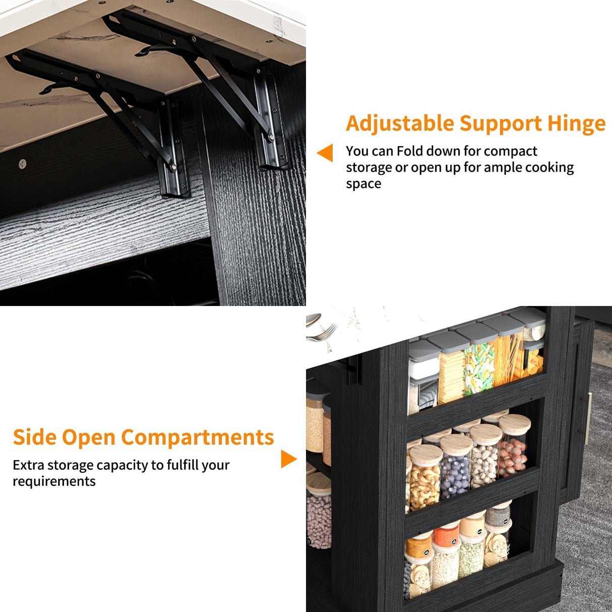 FUSUNBAO Large Kitchen Island with Storage & Power Outlet, Drawer, Adjustable Shelves, Side Open Compartments, and Drop Leaf,Island Table for Kitchen with Footrest,Black FUSUNBAO