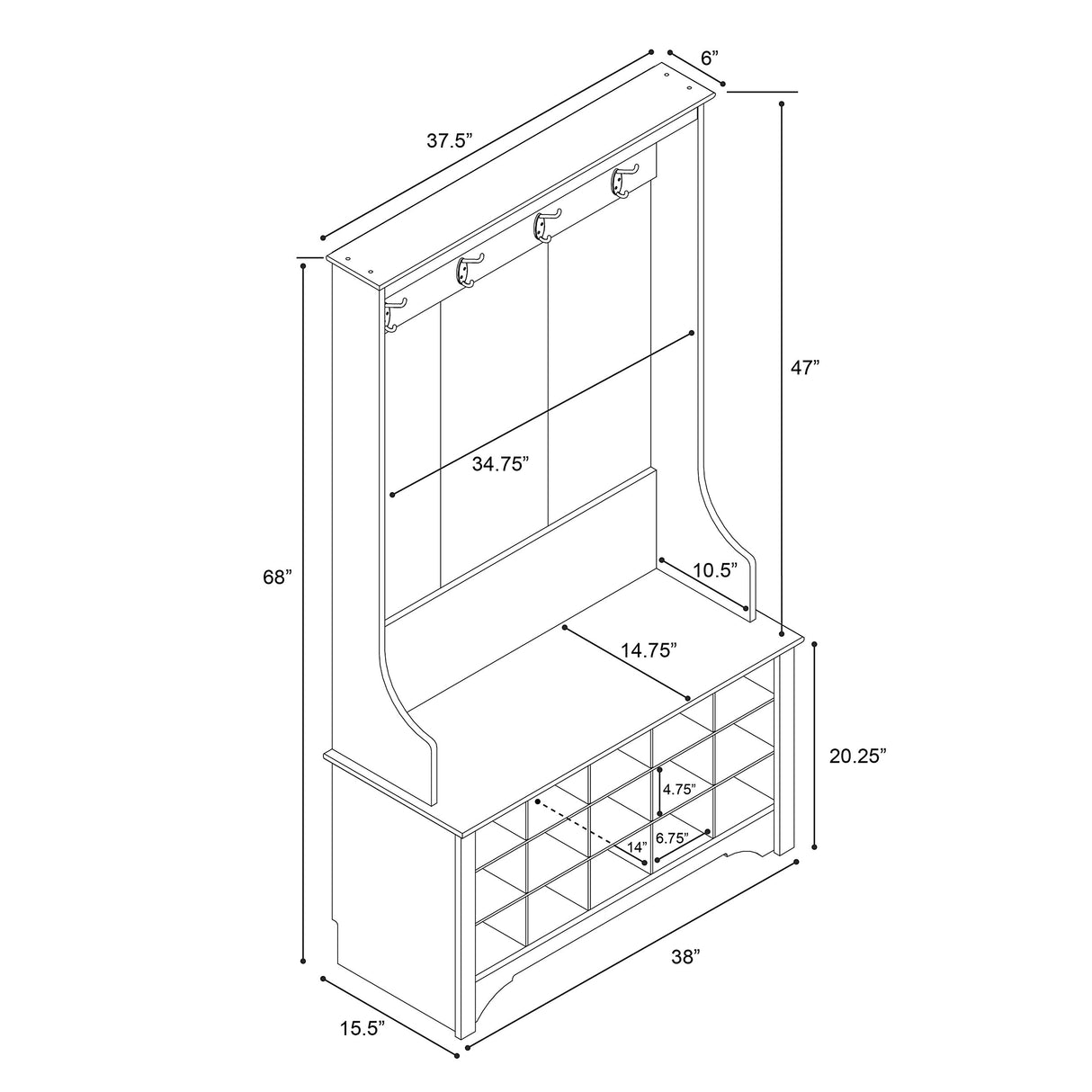 Prepac Entryway Organizer with 4 Coat Hooks, Coat Rack Hall Tree with Bench and Coat Storage, Furniture for Entryway with 15 Cubbies for Shoe Storage, 38” W x 68” H x 15.5” D, White Prepac