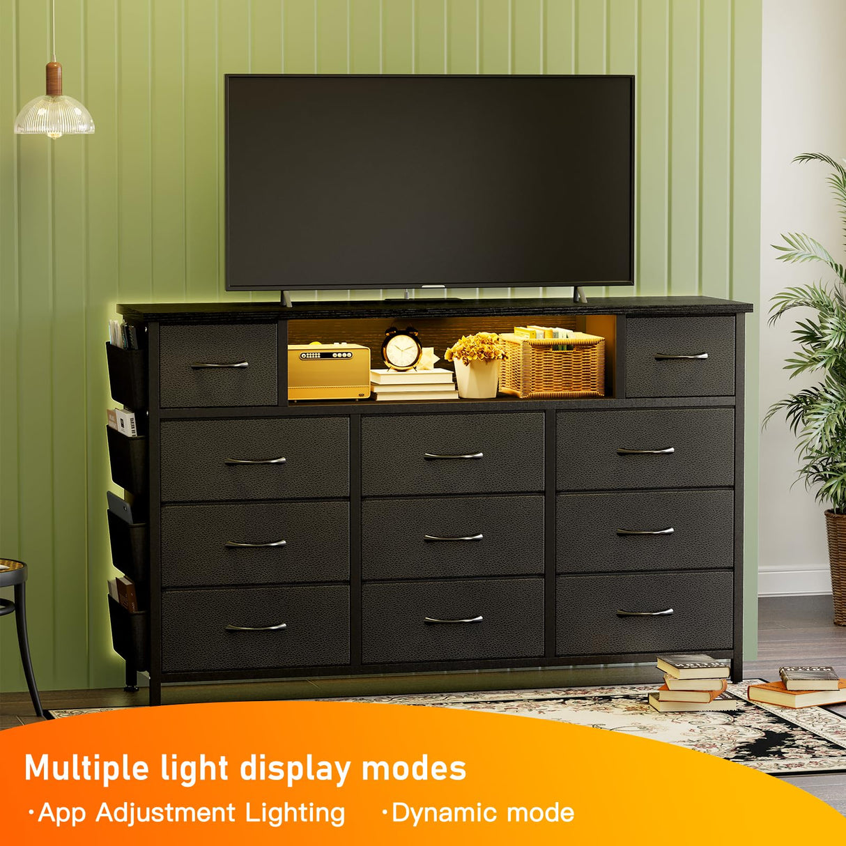 YGEOMER Black Dresser for Bedroom with Power Outlets and LED Lights 11 Drawers with Side Pocket, Fabric Drawers with PU Finish, Frame & Wood Top for 60inch TV Long Dresser Storage Organizer YGEOMER