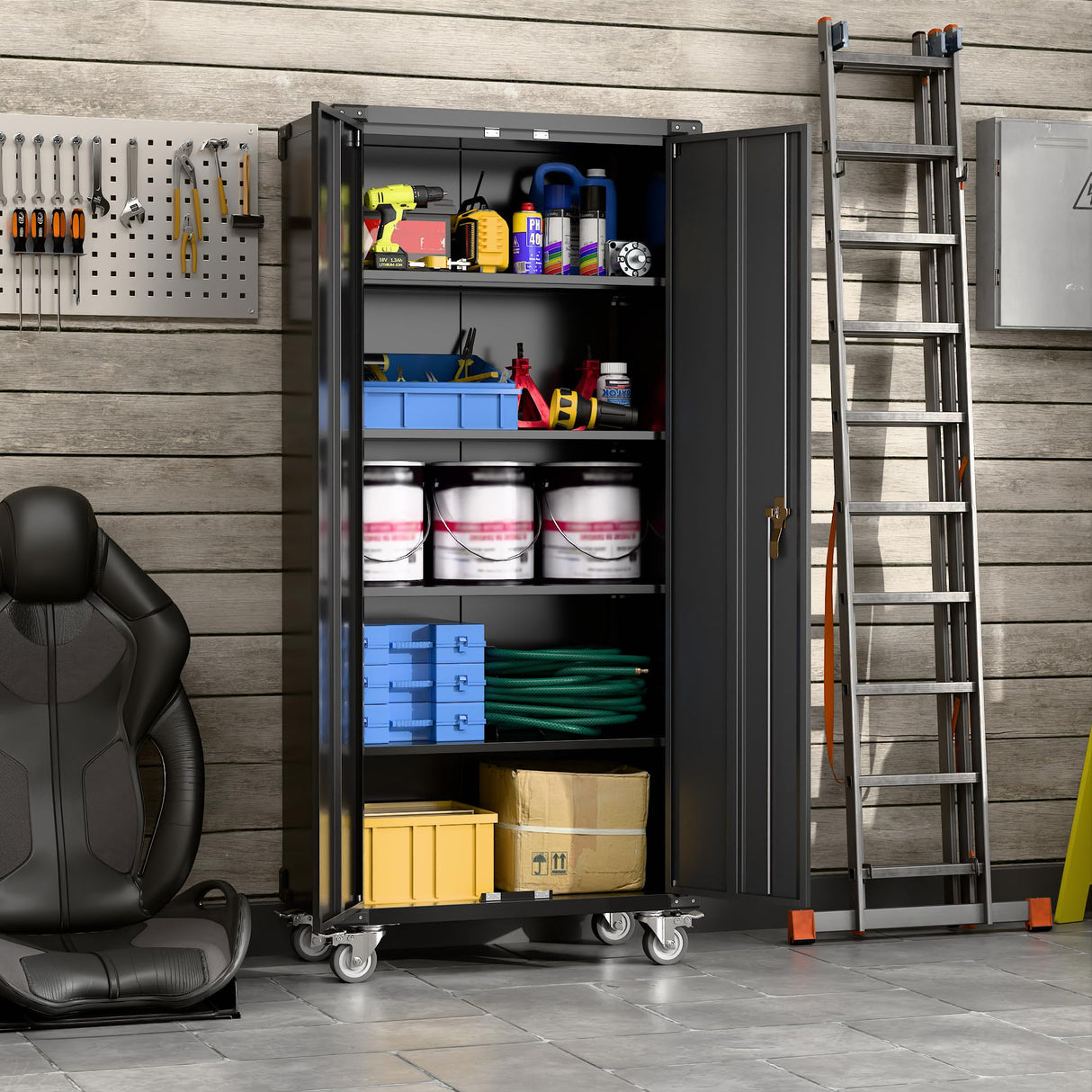 SUXXAN 72" Tall Metal Storage Cabinets with Doors and 4 Adjustable Shelves, Lockable Rolling Cabinet Black, Home Office Metal Utility Cabinet for Garage Kitchen, Assembly Required SUXXAN