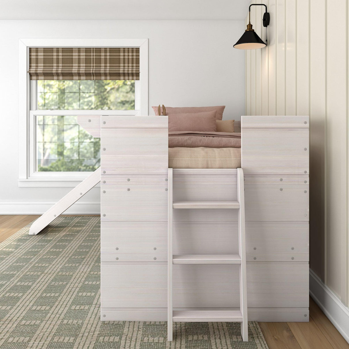 Max & Lily Loft Bed Twin Size, Solid Wood Low Loft Bed with Slide and Ladder, Modern Farmhouse Loft Bed for Kids, White Wash Max & Lily