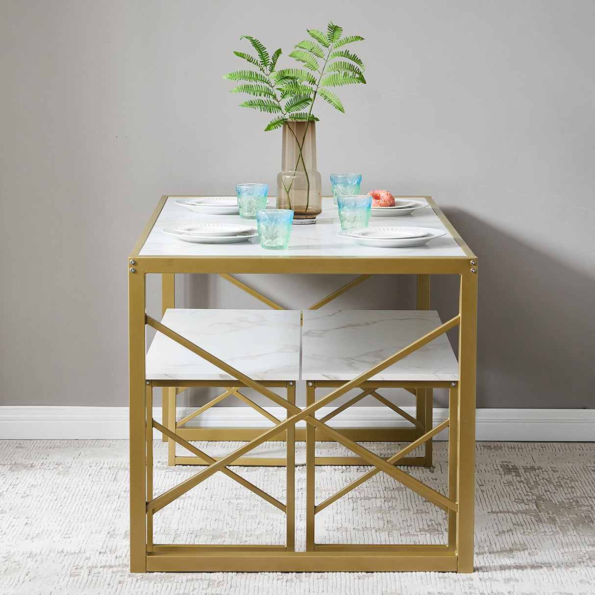 VECELO Kitchen Table with 2 Benches for 6,Wood Dining Room Dinette Sets with Metal Frame for Breakfast Nook and Small Space, 55", White&Gold VECELO