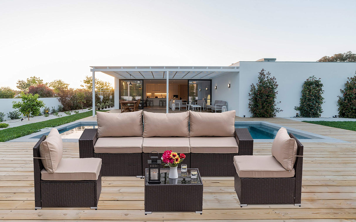 Kullavik Outdoor Patio Furniture Set 6 Pieces Sectional Rattan Sofa Set Brown PE Rattan Wicker Patio Conversation Set with 5 Seat Cushions and 1 Tempered Glass Table,Sand Kullavik