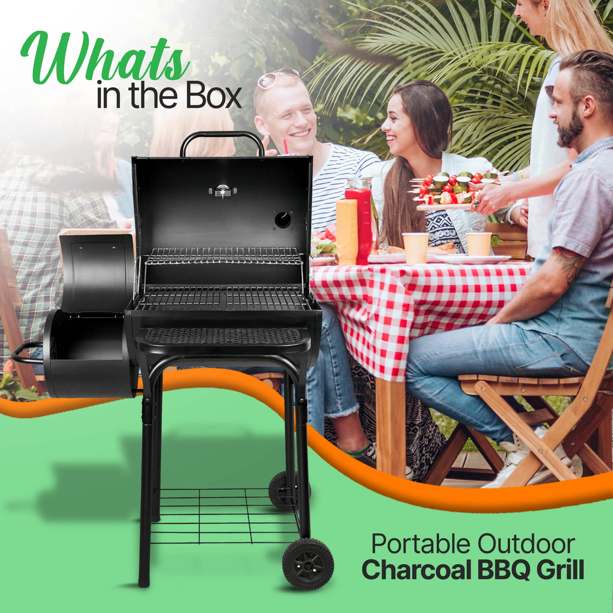 NutriChef Charcoal Grill Offset Smoker with Cover, Portable Stainless Steel Grill, Outdoor Camping BBQ and Barrel Smoker (Black) NutriChef