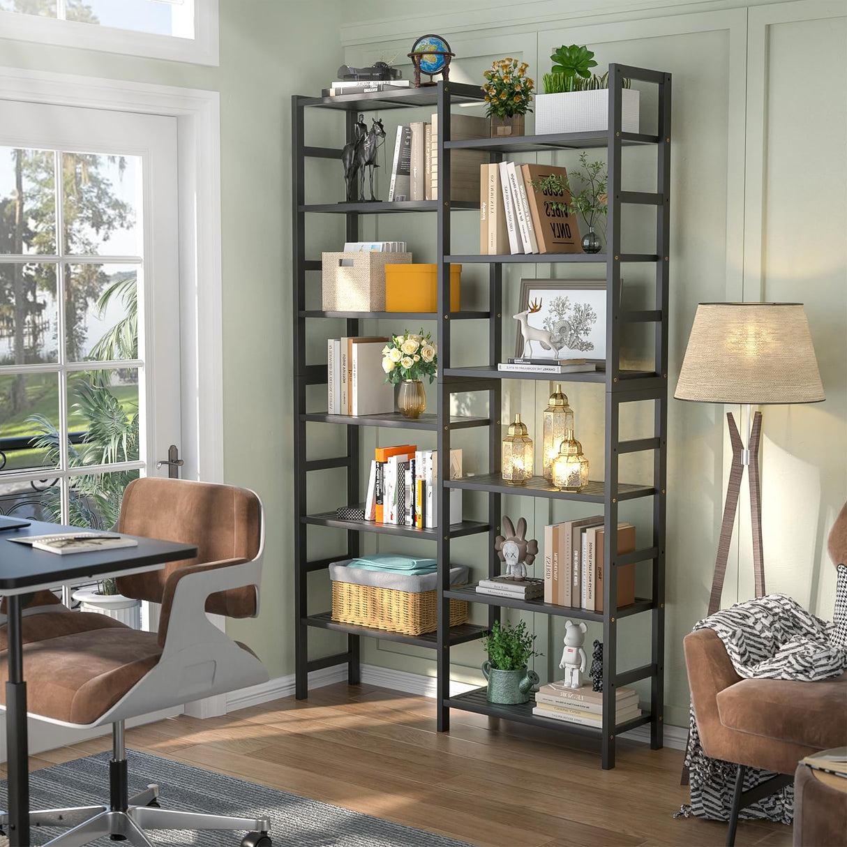 Homykic Double Wide Bamboo Bookshelf Black, 6-Tier Large Open Bookcase with 12 Display Shelves, 6ft Tall Freestanding Book Shelf for Home Office, Bedroom, Living Room, Plants Homykic