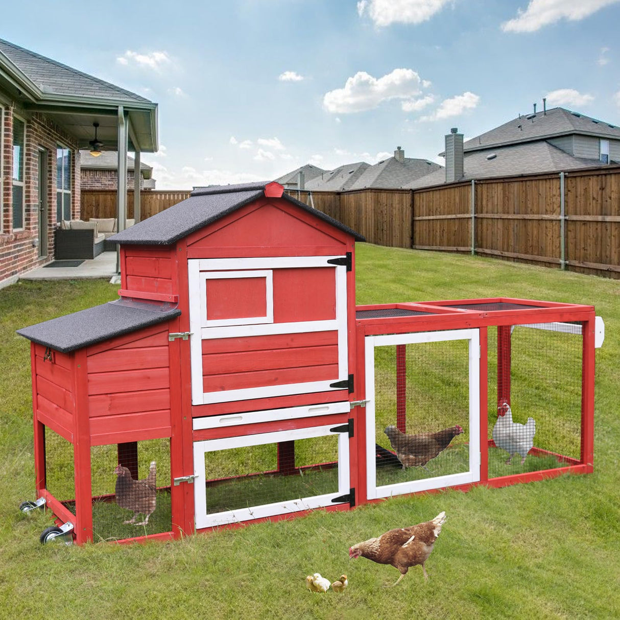 Aivituvin Chicken Coop Expandable Mobile Chicken House for Outdoor with Wheels, Nesting Box, Leakproof Pull-on Tray and UV-Resistant Roof Panel (Red) Aivituvin