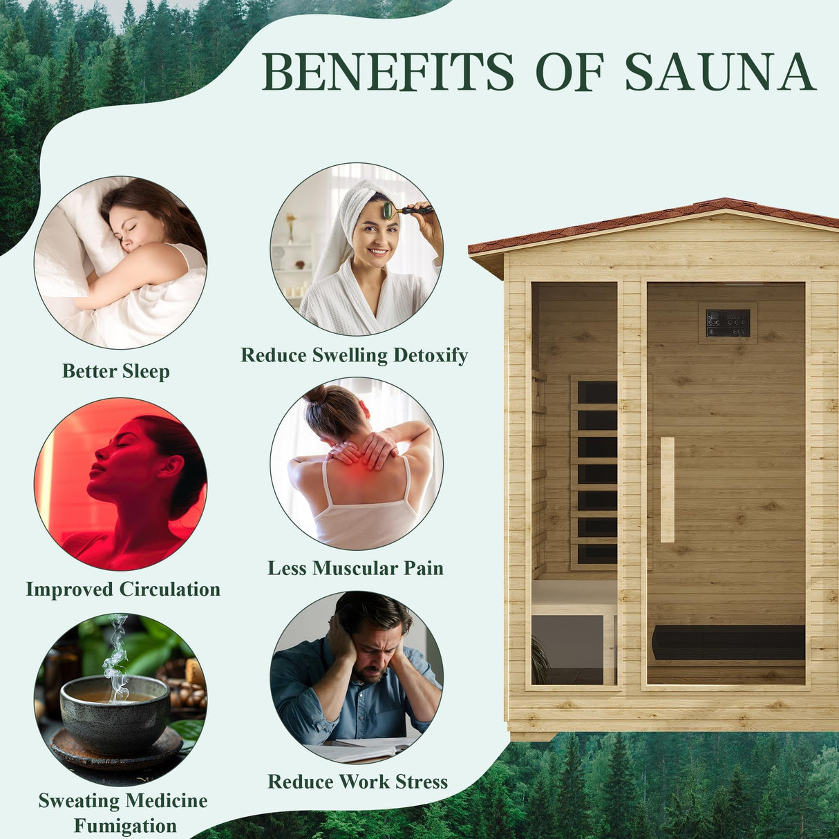 SWHSE Outdoor Sauna,Full Spectrum Infrared Sauna for 4 Person,Home Sauna with 10 Minutes Warm Up Heating Tubes & Panels,Personal Wooden Sauna Room with Bluetooth Speaker,3060Watt SWHSE