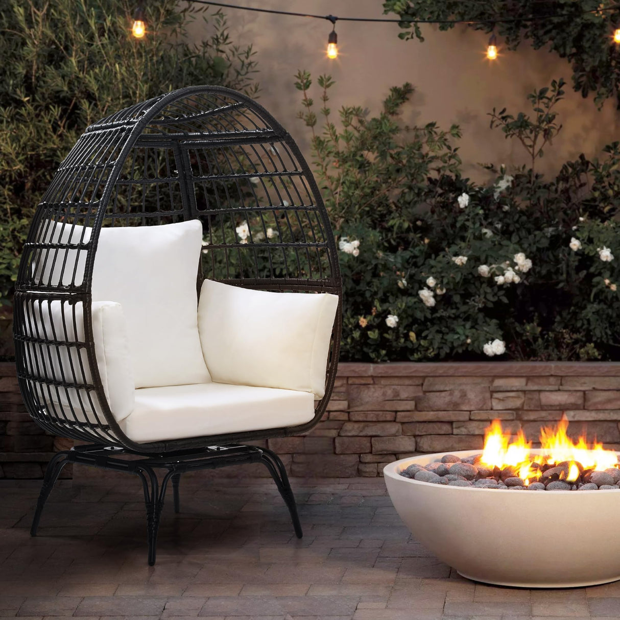 Murago Oversized 360 Swivel Rattan Egg Chair for Adult, Indoor Outdoor Patio Large Wicker Egg Chair with overstuffed Cushions, 440lb Weight Capacity, Black Rattan with Beige Cushion Murago