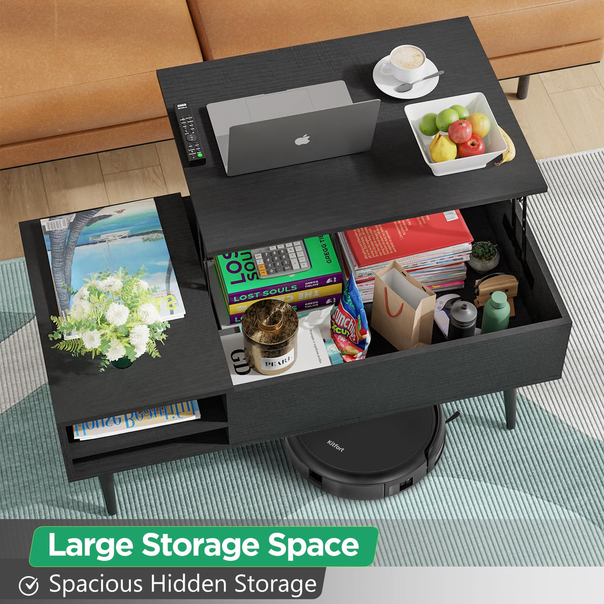 PayLessHere Lift Top Coffee Table with Adjustable Storage and Hidden Compartment Small Wood Coffee Table Center Table for Home Living Room Office Apartment Reception Room,Black PayLessHere