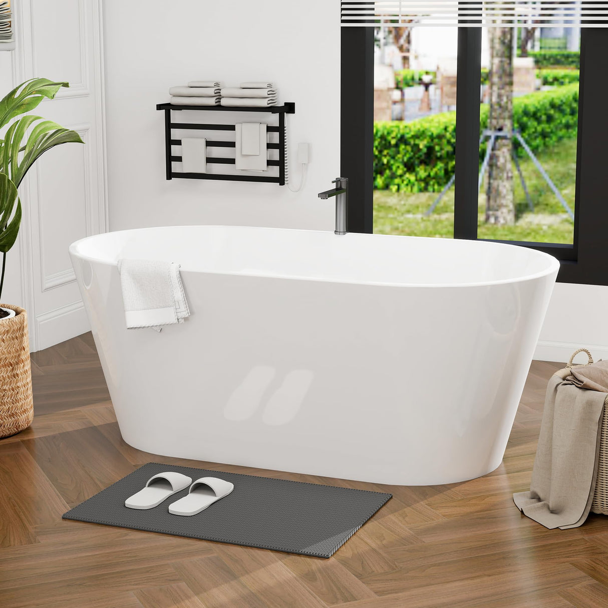 HIGREENA 55" Acrylic Freestanding Bathtub, Glossy White Soaking Tub, Stand Alone Tub, Oval Bathtub with Chrome Overflow and Drain, Free Standing Tub for Bathroom HIGREENA