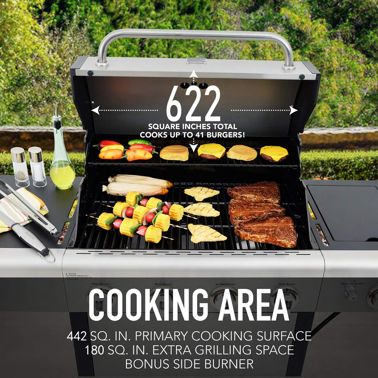 Kenmore 4-Burner BBQ Gas Grill with Side Burner, Outdoor Propane Grill, 53,000 BTUs, Cast Iron Cooking Grates, Electronic Ignition, Warming Rack, Open Cart Design & All-Terrain Wheels, Stainless Steel Kenmore