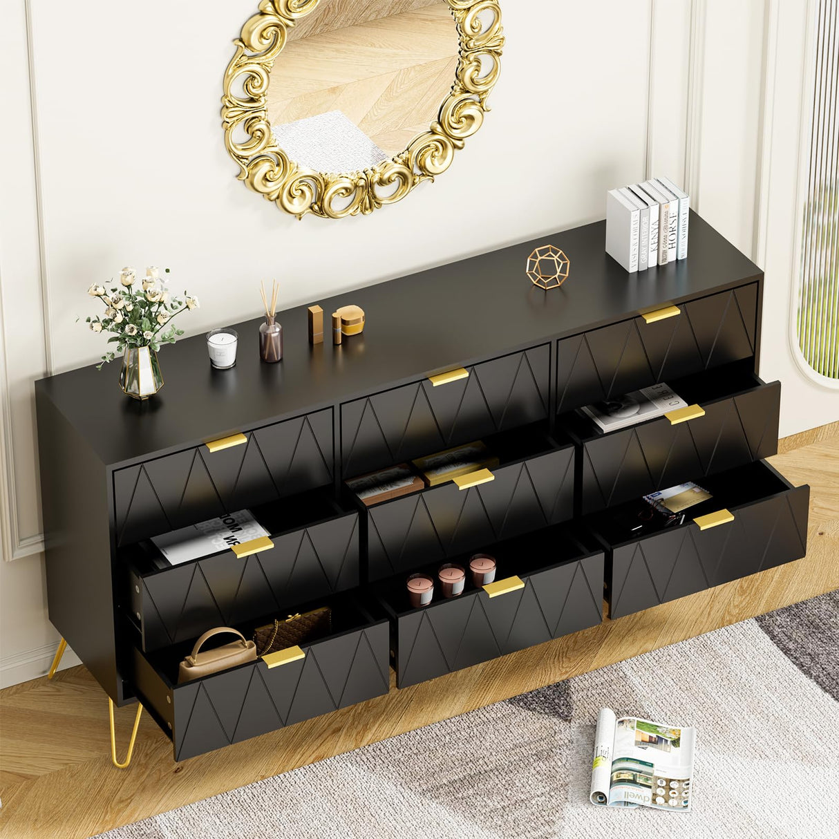 Anbuy 9 Drawer Dresser and Night stand Sets for Bedroom, Two Drawers Nightstand Set of 2 & 9 Drawer Dresser Combo 3 Pieces (Black) Anbuy