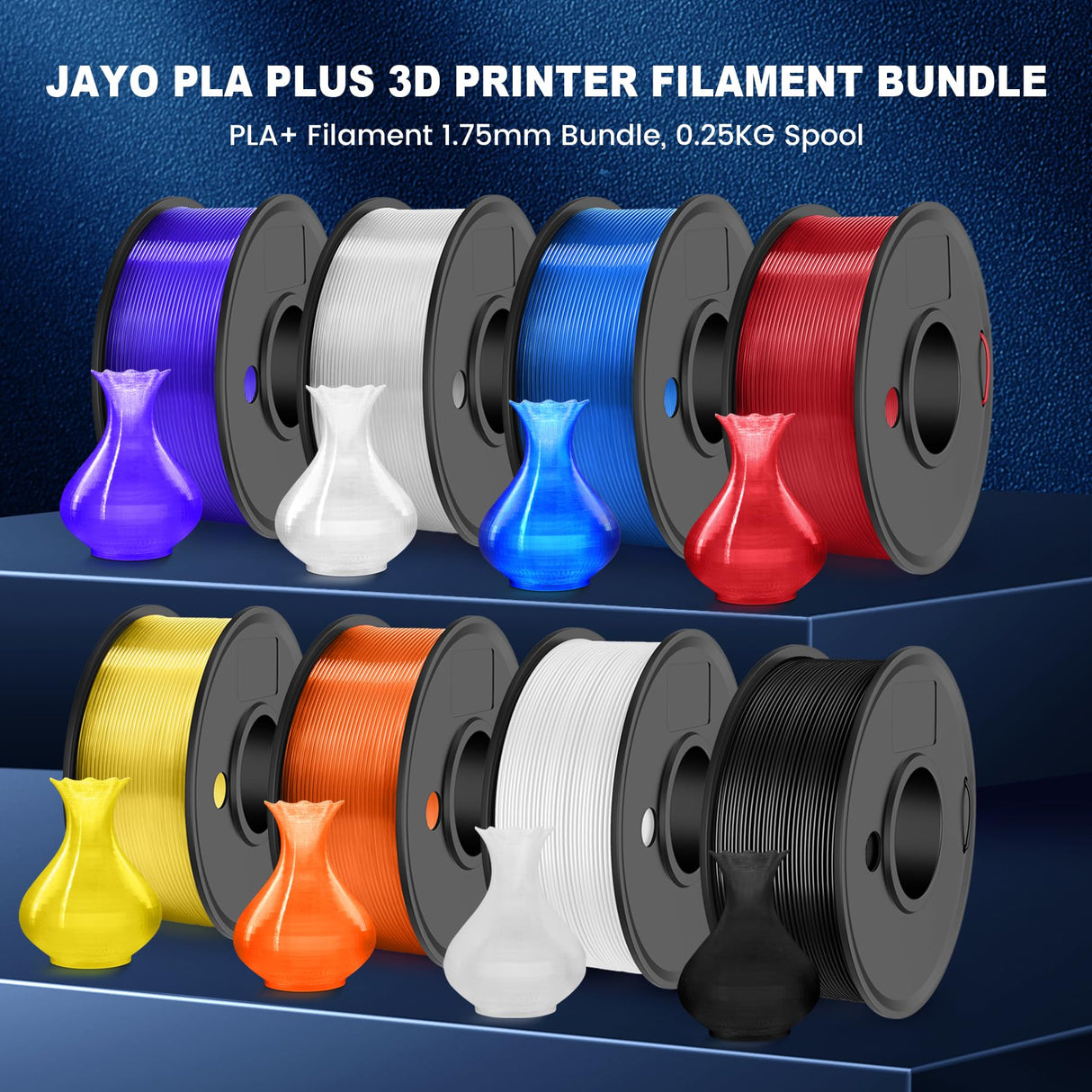 JAYO PLA+ Filament Bundle 1.75mm, 3D Printer Filament Bundle Multicolor, Individually Vacuum Packed, 250g Spool, 8 Pack, 2KG in Total, Black+White+Transparent+Clear(Blue+Red+Orange+Yellow+Purple) JAYO