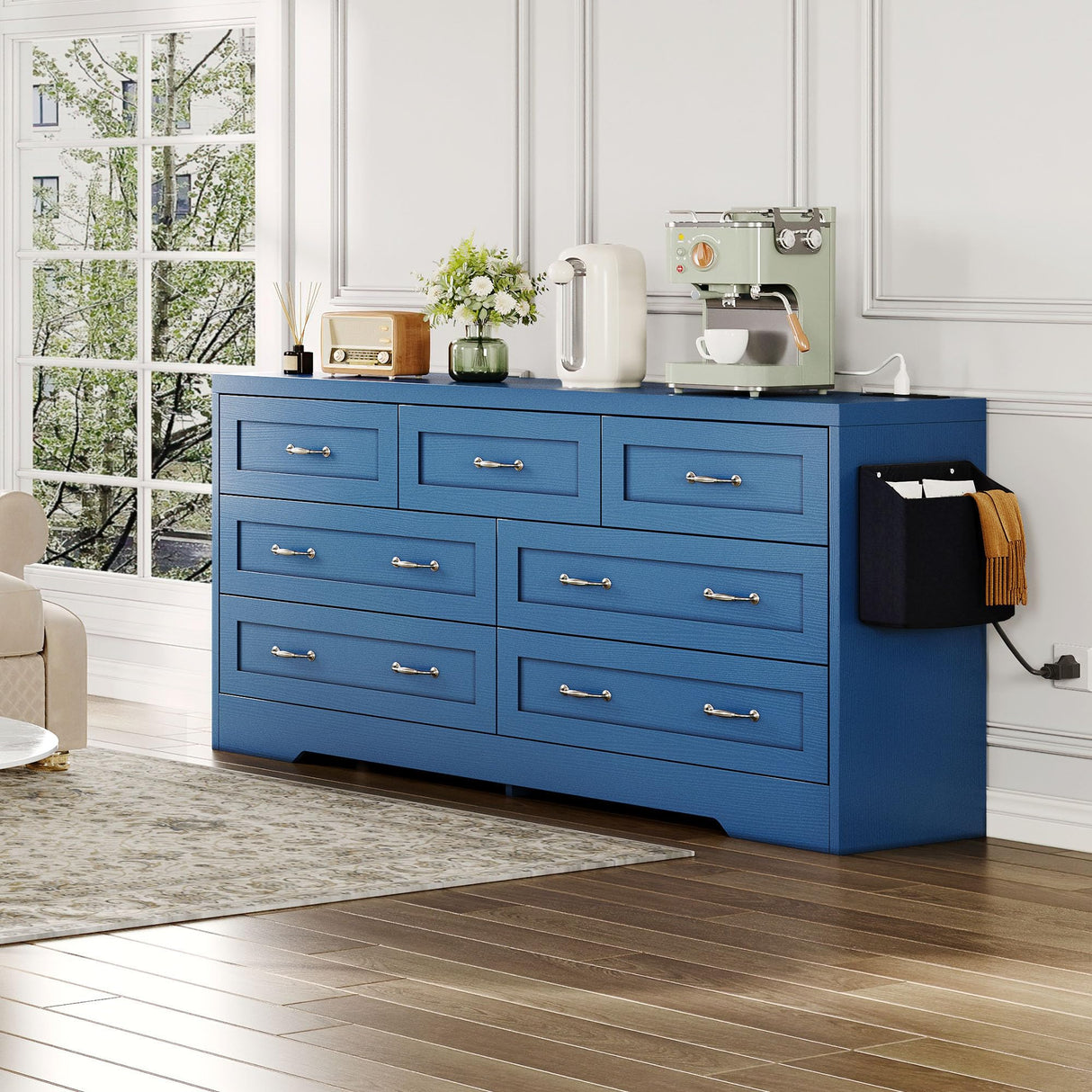 DWVO Farmhouse 7 Drawer Dresser for Bedroom, 59" Wide Large Modern Dresser TV Stand with Drawers & Bar Handles, Storage Dressers with Power Outlets, Rustic Wood Chest of Drawers, Blue Upgraged DWVO