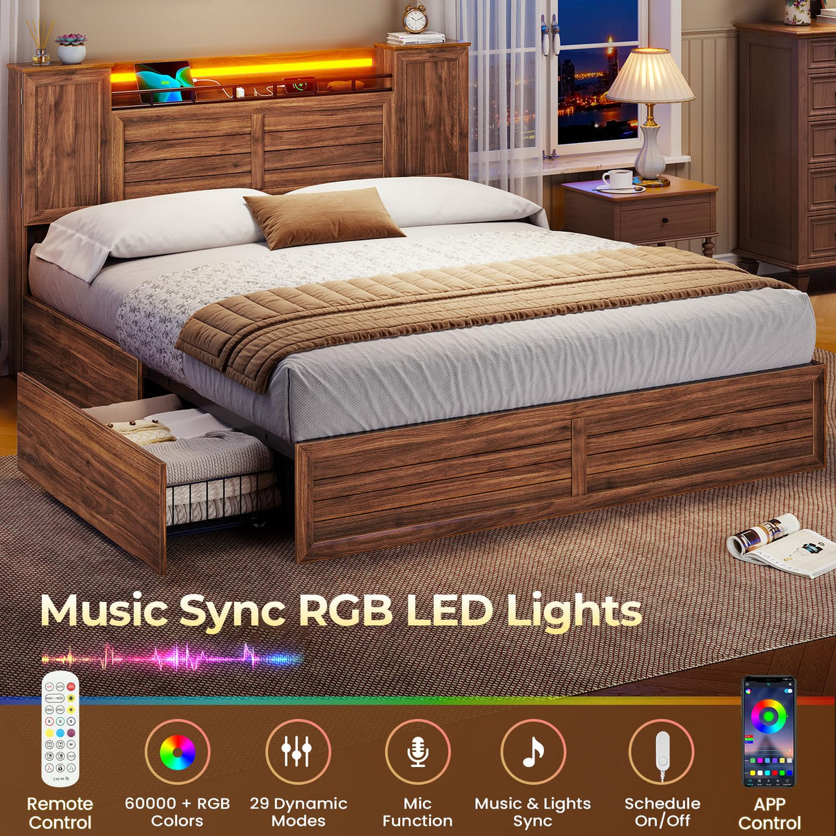 VIAGDO Farmhouse Queen Bed Frame with Headboard and Double Barn Door Storage Cabinets, Rustic Wooden Bed Frame Queen Size with Charging Station, 4 Drawers and LED Lights, No Box Spring Needed, Brown VIAGDO