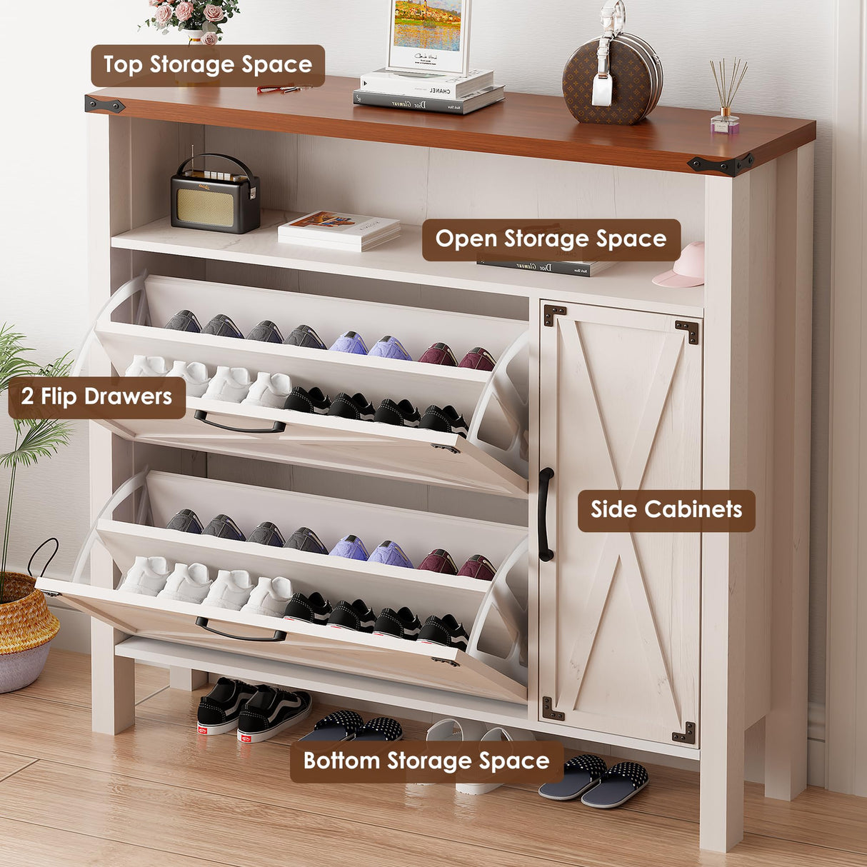 BEWISHOME Shoe Cabinet with 2 Flip Drawers & Adjustable Side Cabinet,Freestanding Shoe Storage Cabinet with Lights, Narrow Entryway Storage for Hallway Living Room Farmhouse,White, KXG03W BEWISHOME