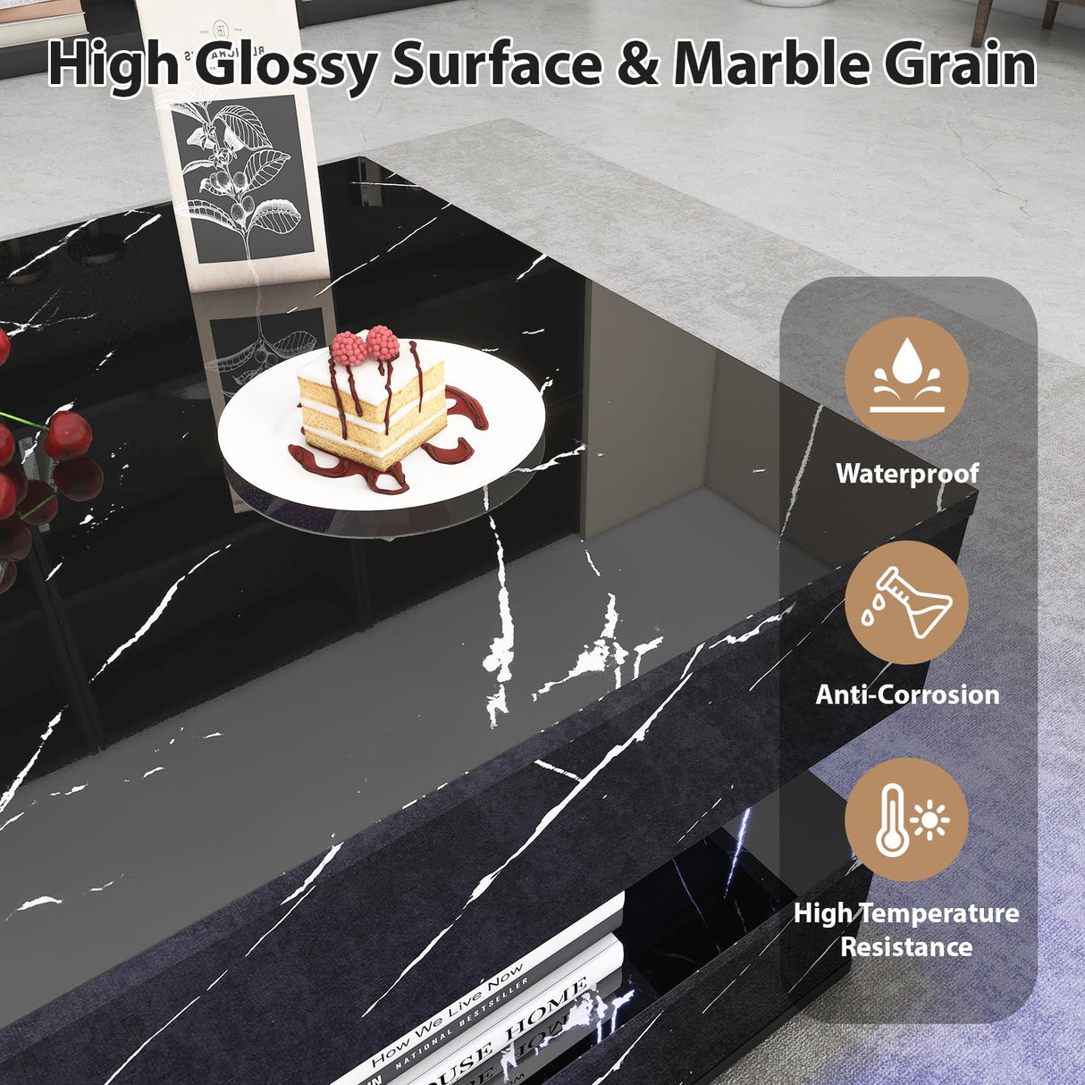 47inch High Glossy LED Coffee Table with Wireless Charging and Speaker, Modern Coffee Table With 2 Sliding Drawers, Double-Layer Center Tables with LED Light, Marble CoffeeTable for Living Room, Black PPorfamilia