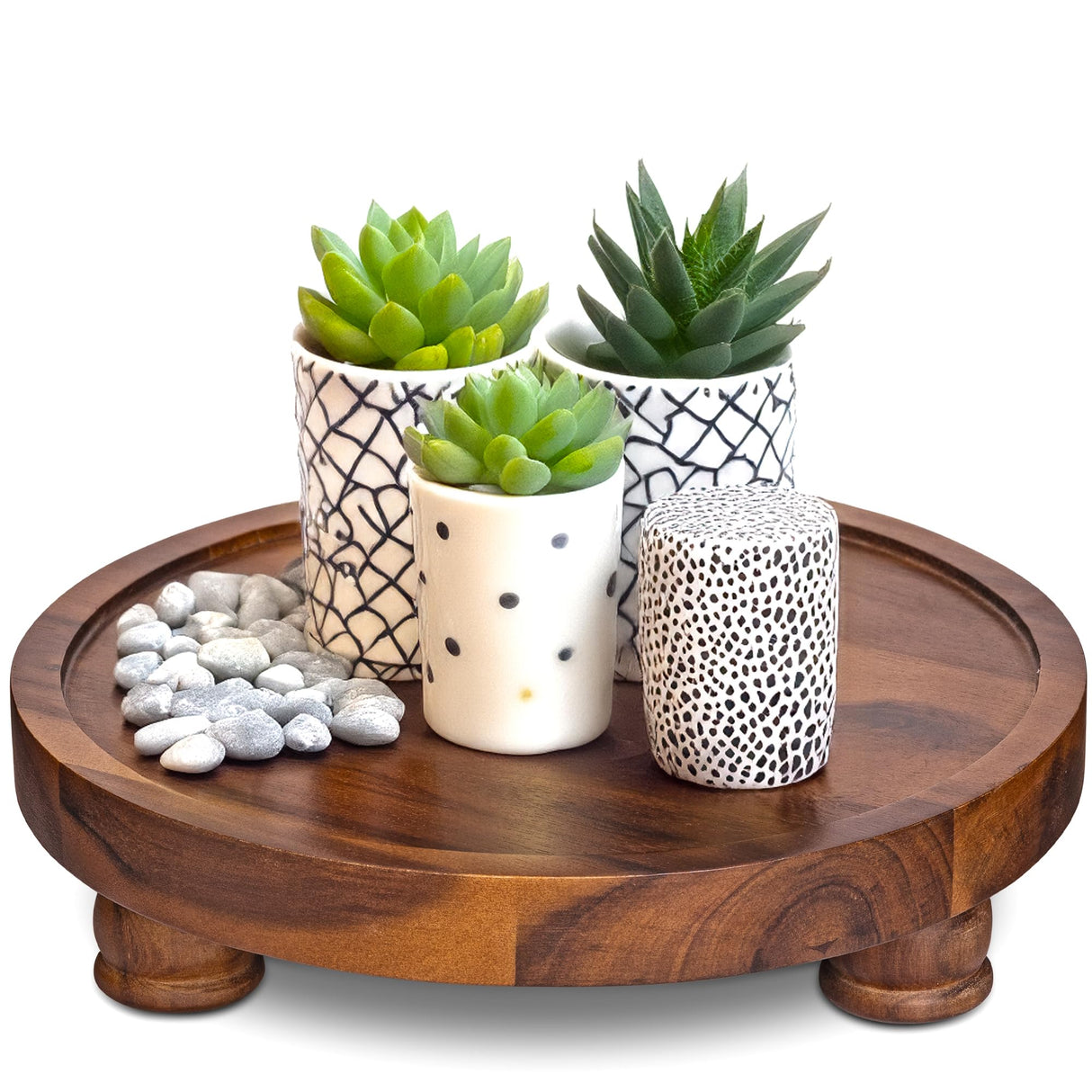 Demigo 10" Acacia Wood Round Tray - Decorative Plant Stand, Farmhouse Countertop Organizer, Multi-Purpose Display Pedestal, Riser Board for Soap, Perfume, Candles, Sponge, Bathroom, Kitchen Demigo