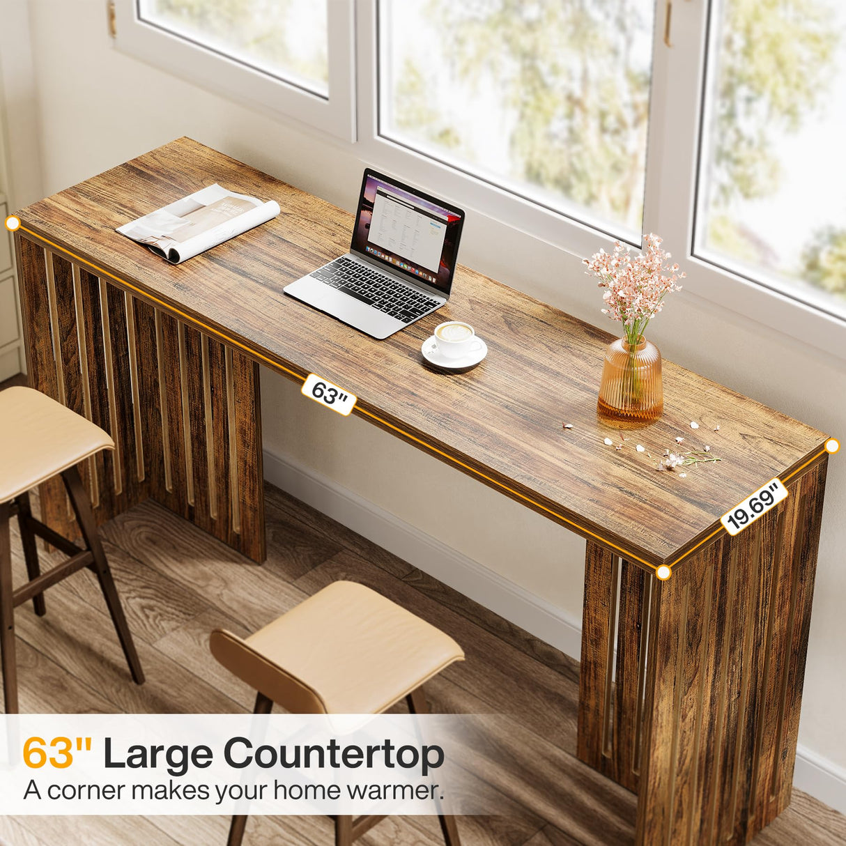 Tribesigns Bar Table, 63-Inch Counter Height Pub Table, Industrial Bar Height Table, Rectangular High Top Kitchen & Dining Counter Tables with Louvered Base for Narrow Space, Rustic Brown Tribesigns
