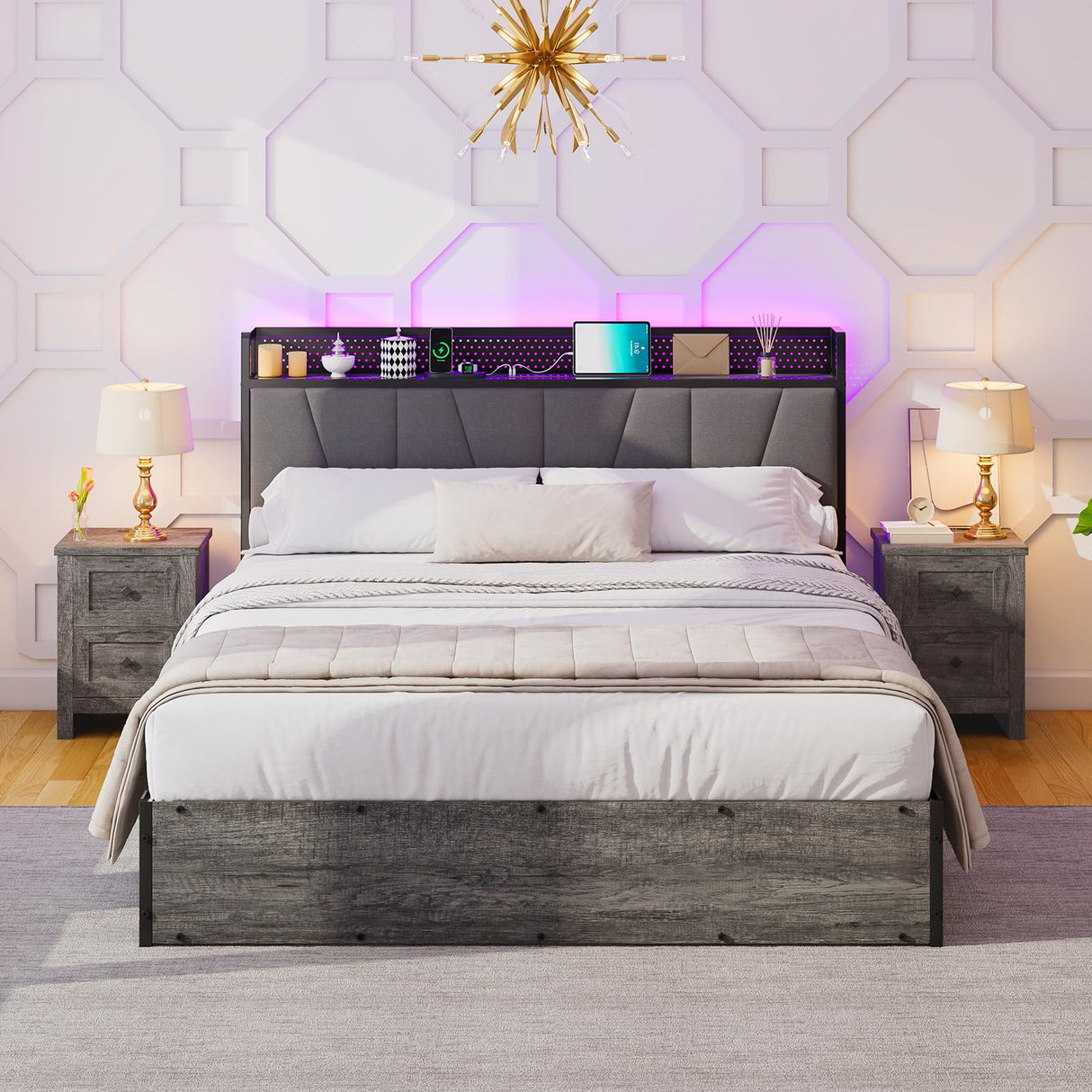 LUXOAK Queen Size Lift Up Storage Bed Frame with RGB LED Lights and Charging Station in Rustic Grey LUXOAK