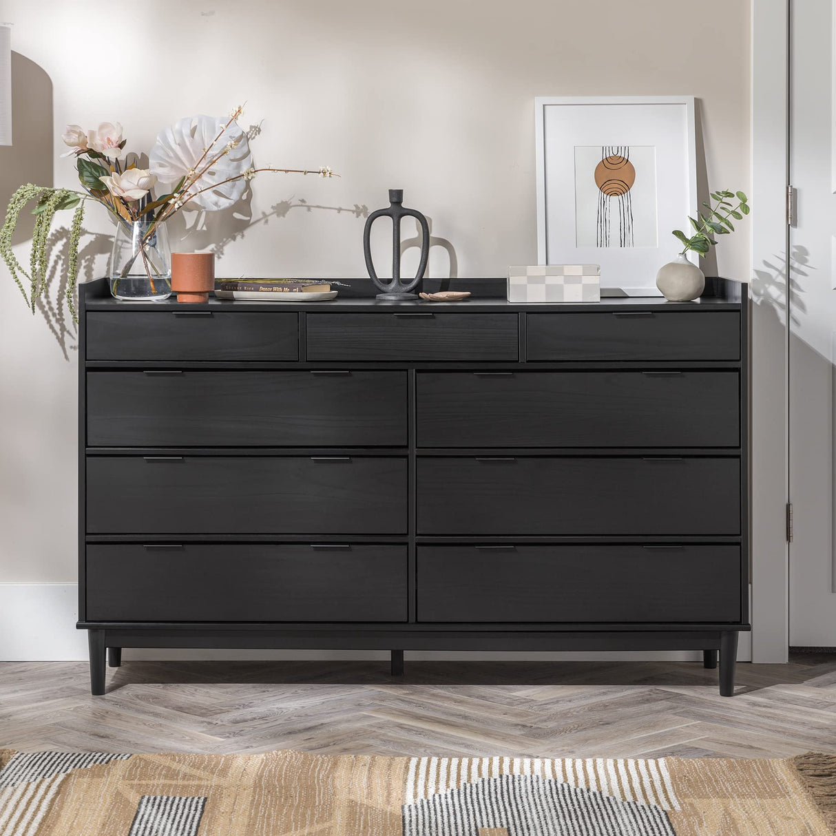 Walker Edison Blythe Mid-Century Modern Tray-Top Solid Wood 9-Drawer Dresser, 60 Inch, Black Walker Edison