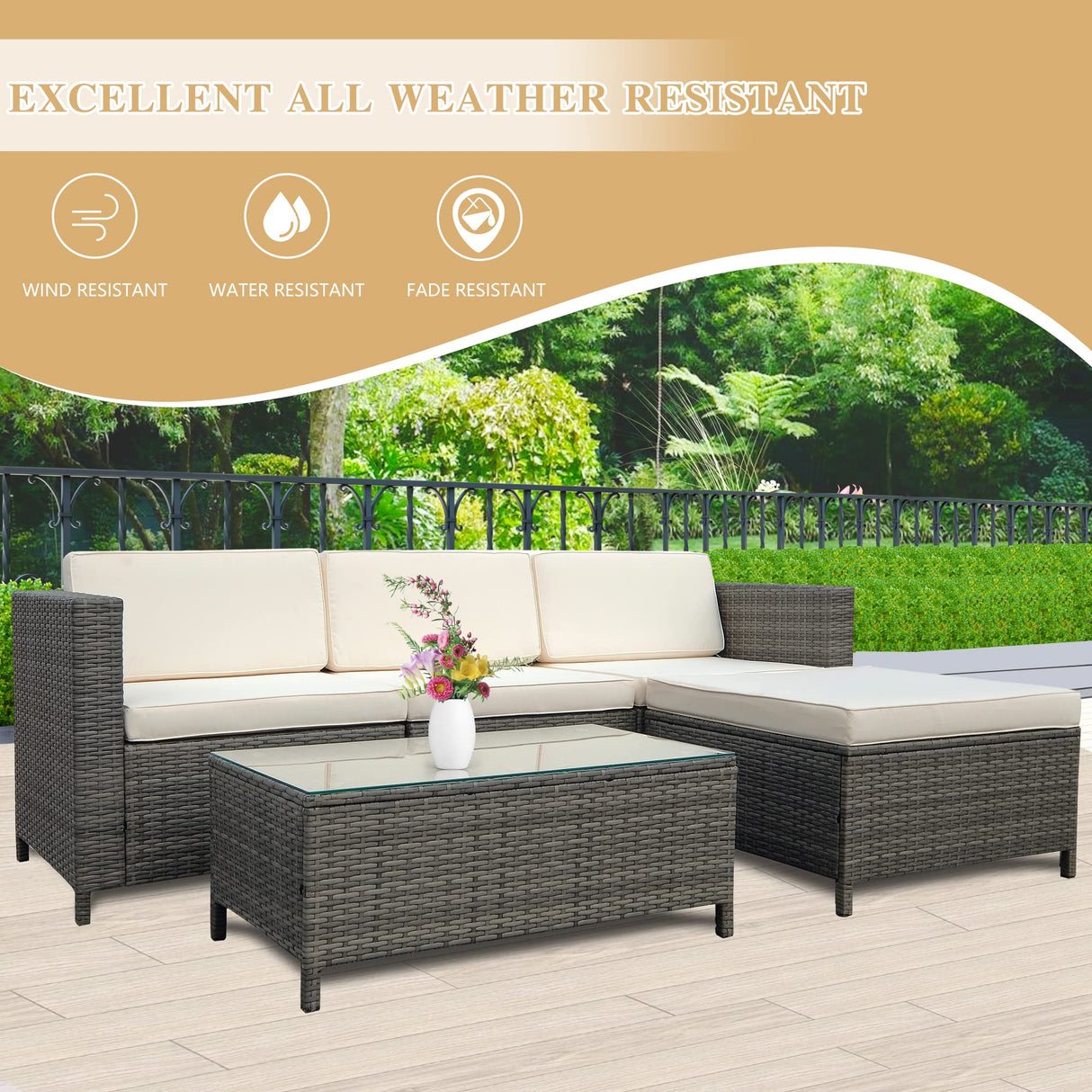 May in Color 5 Piece Outdoor Patio Sectional Furniture Set, Weather Resistant Rattan Outside Couch, Waterproof Conversation Sofa for Balcony, Porch, Backyard, Deck, Garden,Beige May in Color