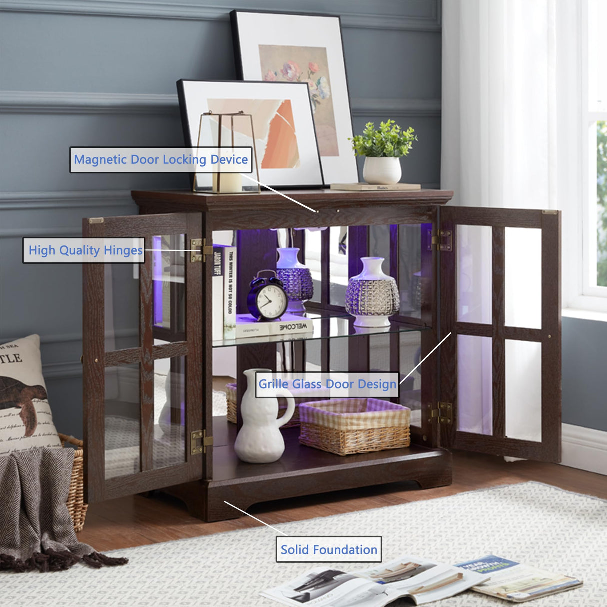 lunhung 2 Door Curio Display Cabinet with LED Light & Adjustable Shelves, 30" Tableware Display Sideboard w/Mirrored Back Pane, Modern Glass Display Storage Cabinet for Kitchen & Living Room (Cherry) lunhung