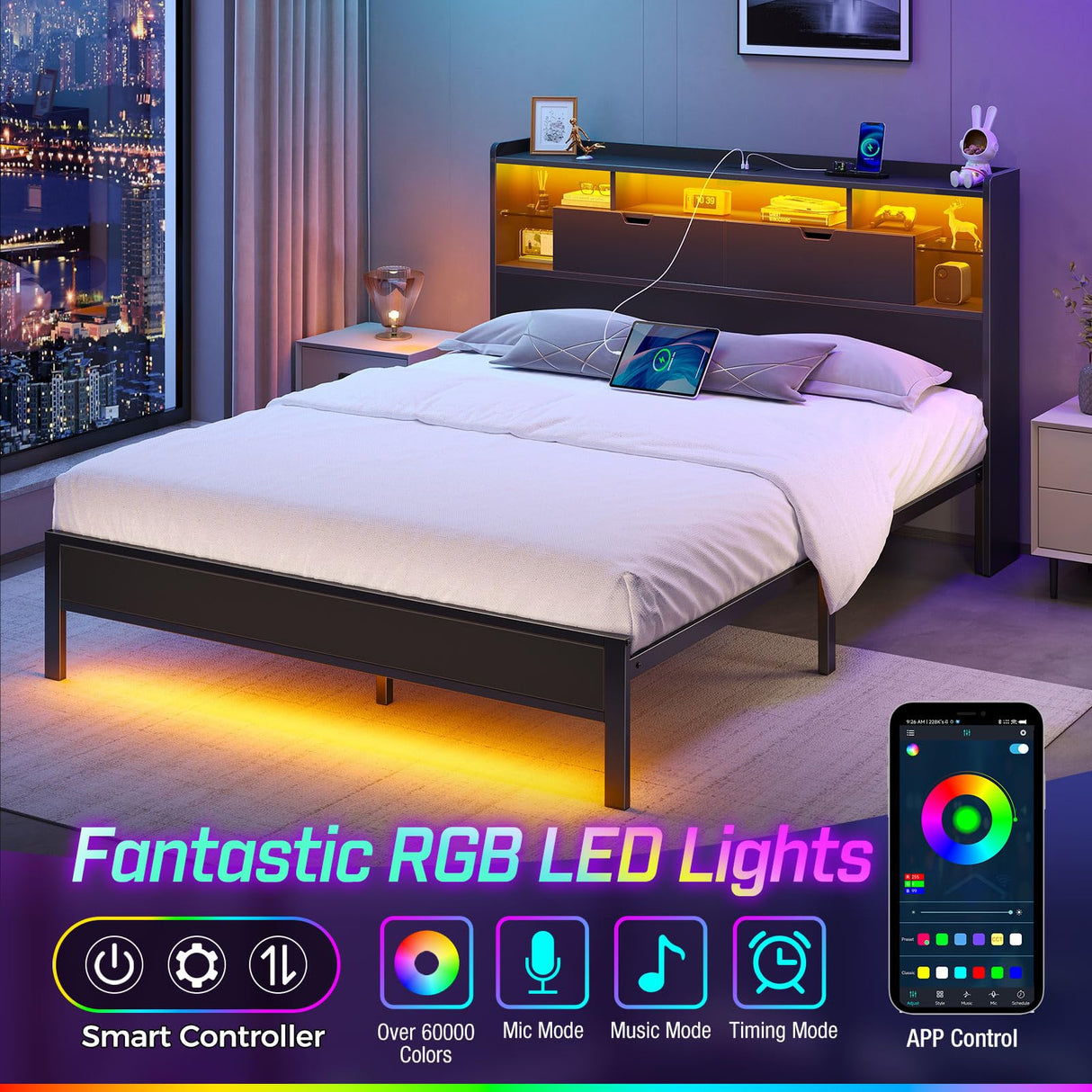 Rolanstar Queen Bed Frame with Headboard, LED Bed with Bookcase Storage and Charging Station, Metal Platform Bed with Glass Shelves, No Box Spring Needed, Noise-Free, Black Rolanstar