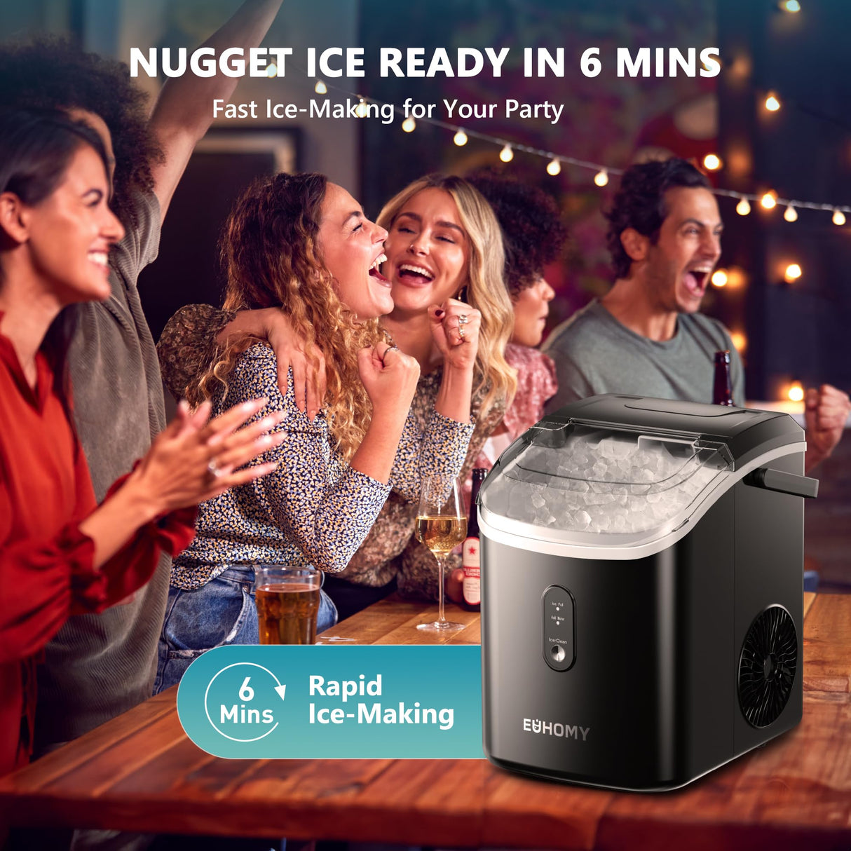 EUHOMY Nugget Ice Maker Countertop with Handle, Ready in 6 Mins, 34lbs Per Day, Removable Top Cover, Auto-Cleaning, Portable Sonic Ice Maker with Basket and Scoop, for Home/Party/RV/Camping (Black) EUHOMY