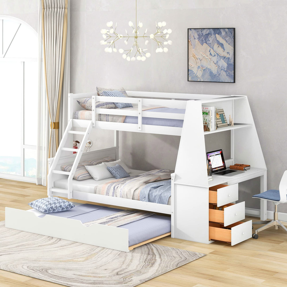 Modern Twin Over Full Bunk Bed with Desk, Trundle, and Storage Drawers in White Bellemave