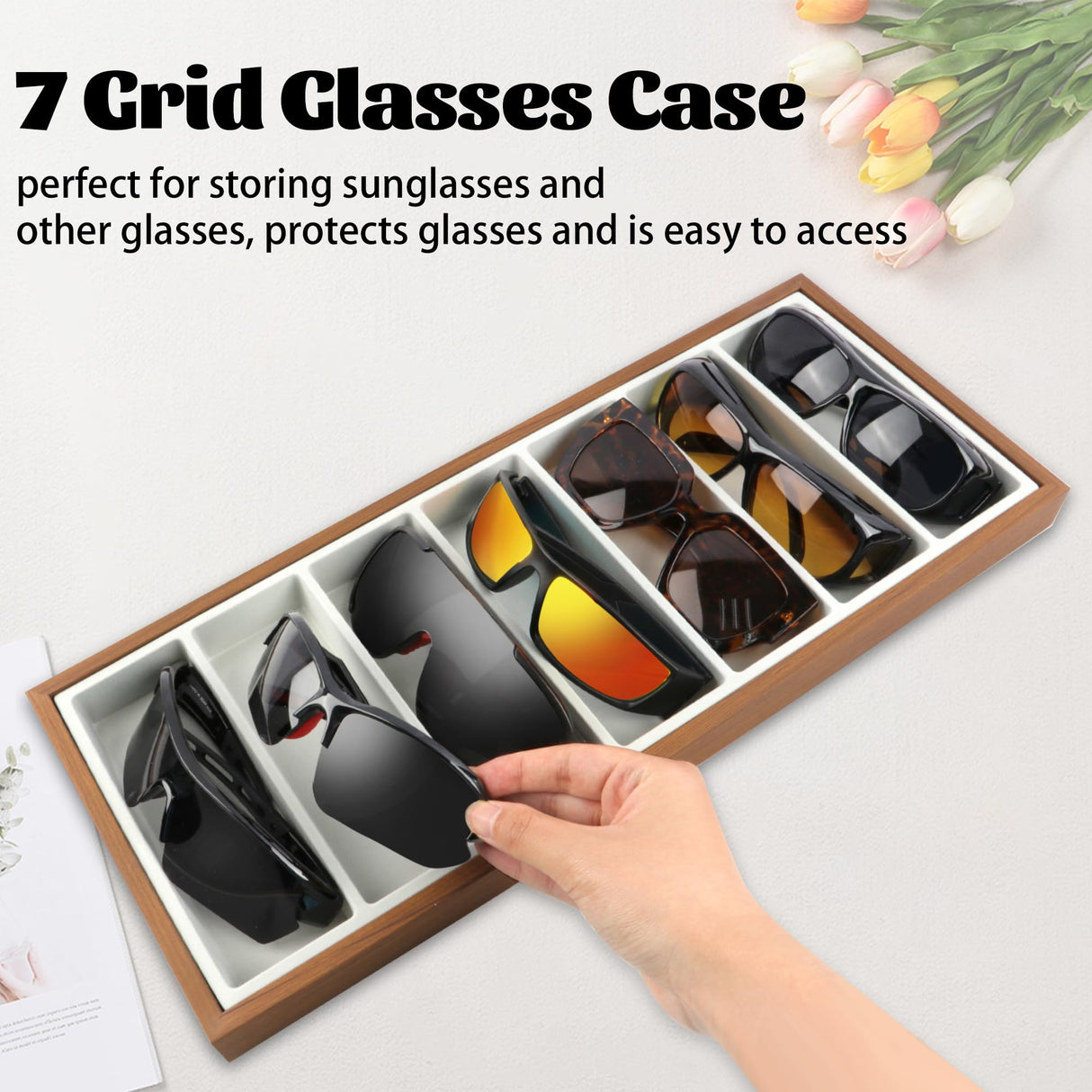 Homeanda Wooden Sunglasses Organizer Tray, Eyeglasses Display Case, Sun Glasses Storage Box, Eyewear Jewelry Tray, Wood Frame Glasses Holder (7 Grids) Homeanda