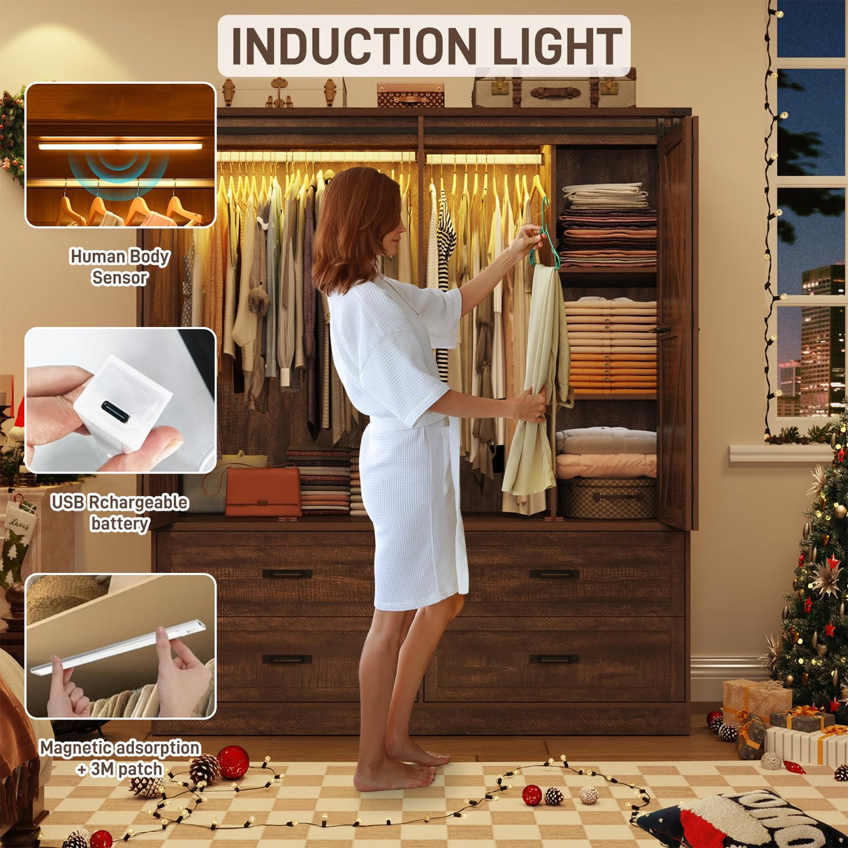 Farmhouse 4 Doors Armoire Wardrobe Closet w/Folding Sliding Barn Door and Lights, LED Armoire Closet w/Drawers for Bedroom, Freestanding Wooden Wardrobe Storage Closets w/Hanging Rod,Rustic Brown jiteentarou