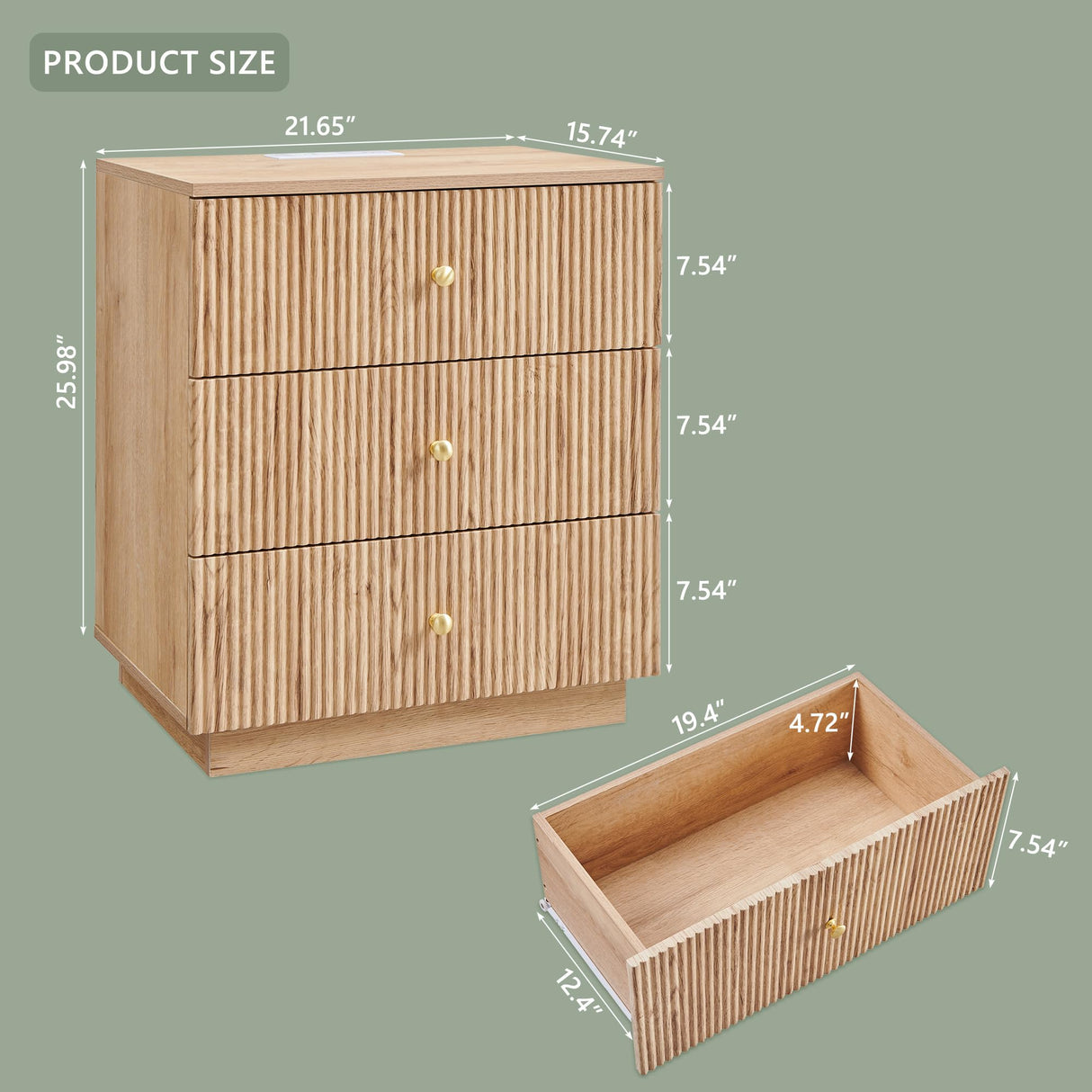 wow97e Fluted Night Stand with Charging Station, 21.65" Nightstand with Drawer, 3 Drawer Dresser for Bedroom, Morden End Table Bedside Table Chests of Drawers for Bedroom, Living Room, Natural wow97e