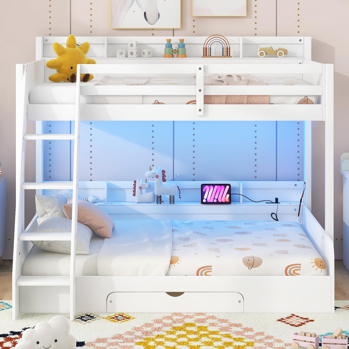 RUNNA Twin Over Full Bunk Bed with Storage Shelves, LED, Charging Station and a Drawer, Solid Wood Bunk Bed for Kids, Teens, Adults (White/LED) RUNNA