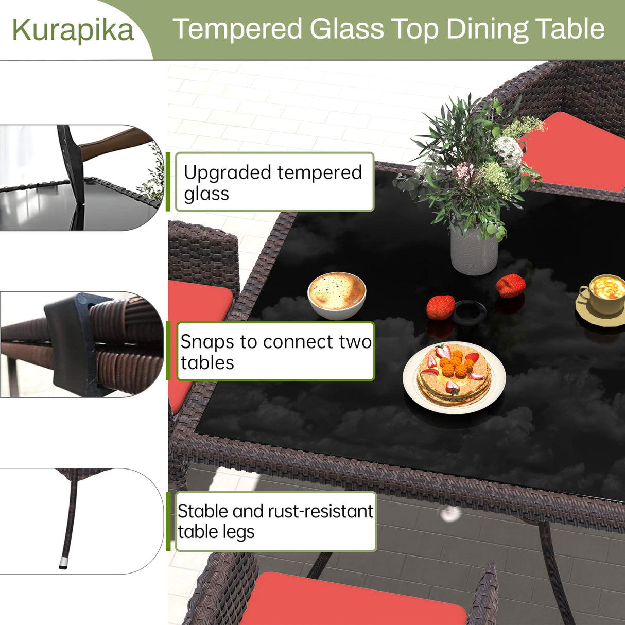 Kurapika 5-Piece Patio Furniture Outdoor Dining Set, Wicker Rattan Patio Dining Table and Chairs Set, Square Tempered Glass Tabletop with Umbrella Hole and 4 Chair Set, Red Kurapika