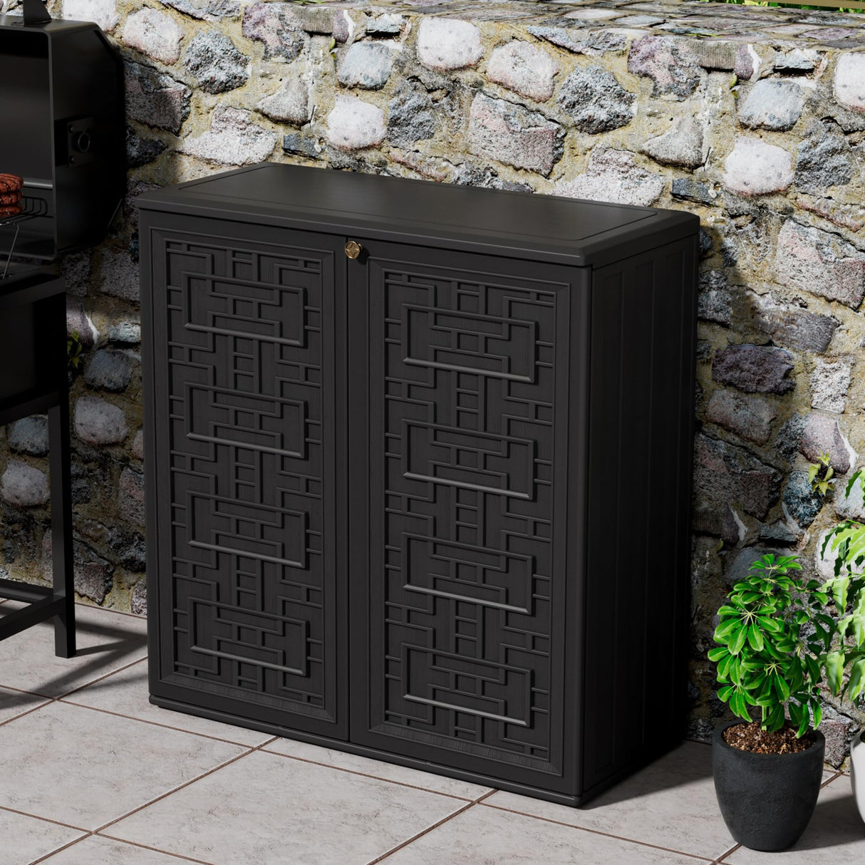 Mrosaa Outdoor Storage Cabinet Waterproof with Shelf,Resin Storage Sheds Outdoor Cabinets for tub towels/chemicals/grill items/Patio/Garden/Backyard, Size 34.3''L*15''W*36.2''H(Black) Mrosaa