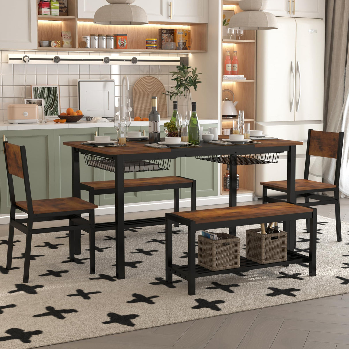 NAIYUFA 5-Piece Dining Table Set for 4-6 People,Industrial Dining Table with 2 Benches and 2 Chairs,Kitchen Table Set with Storage Rack for Dining Room,Saving Space,Rustic Brown NAIYUFA