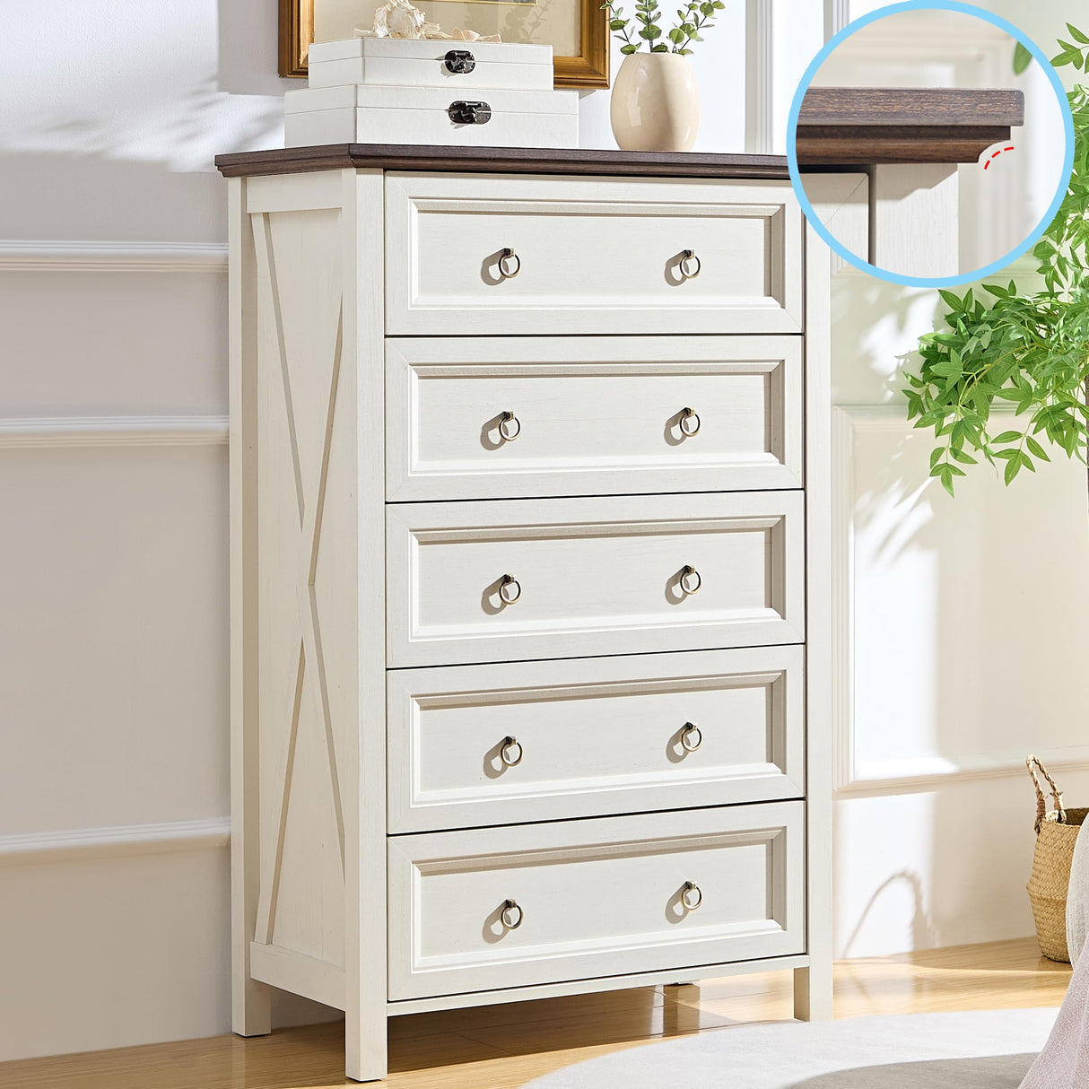 OKYCI Farmhouse 5 Drawer Dresser, Tall Dressers for Bedroom, Wood Chest of Drawers with 1.2" Thickened Top - 31.5" W * 48" H, Antique White OKYCI