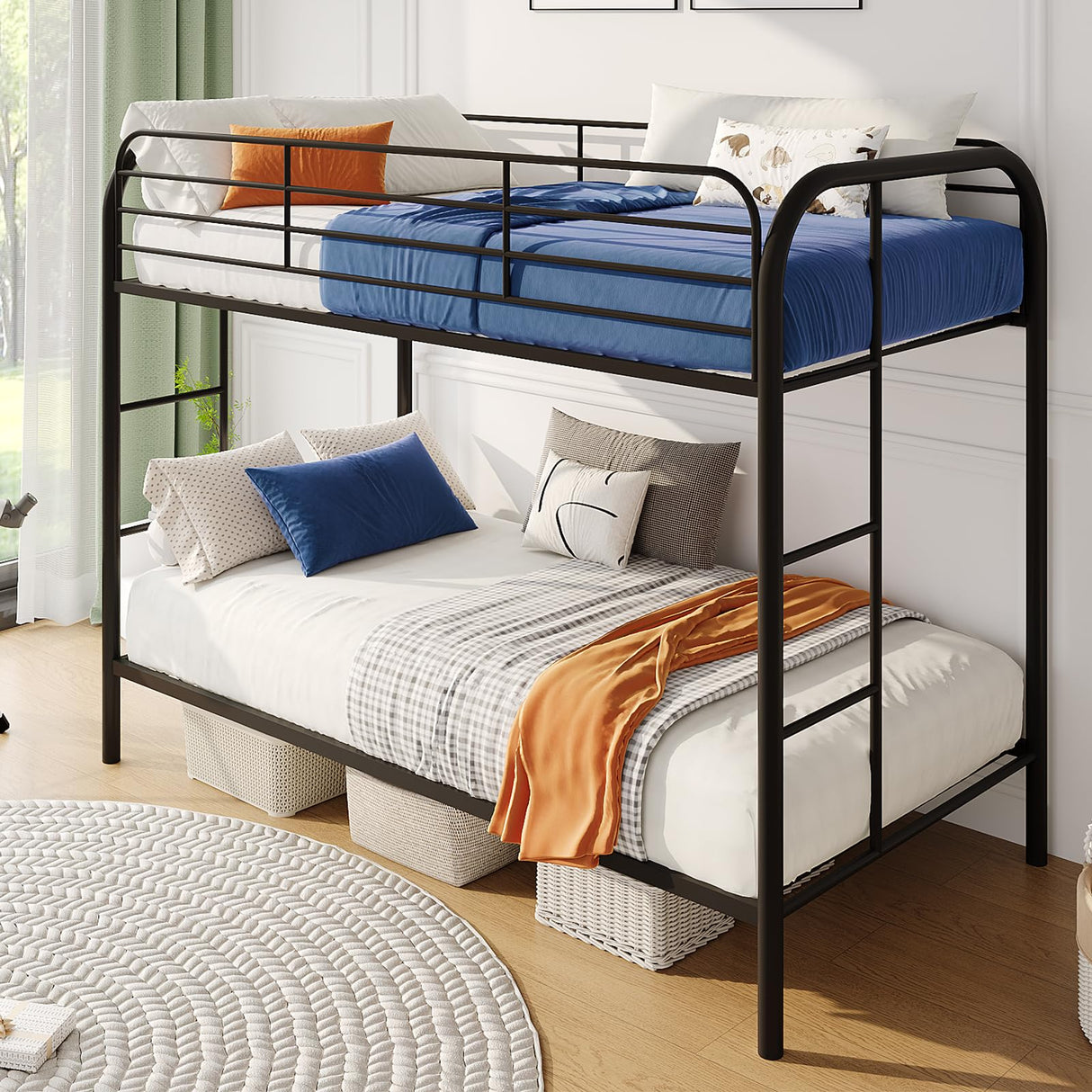 YIORTWO Metal Bunk Bed Twin Over Twin, Modern Style Bunk Bed with Curved Edges Safe Guardrail for Small Space, Loft Bed for Adults Kids Teens, Noise Free, No Box Spring Needed, Black YIORTWO