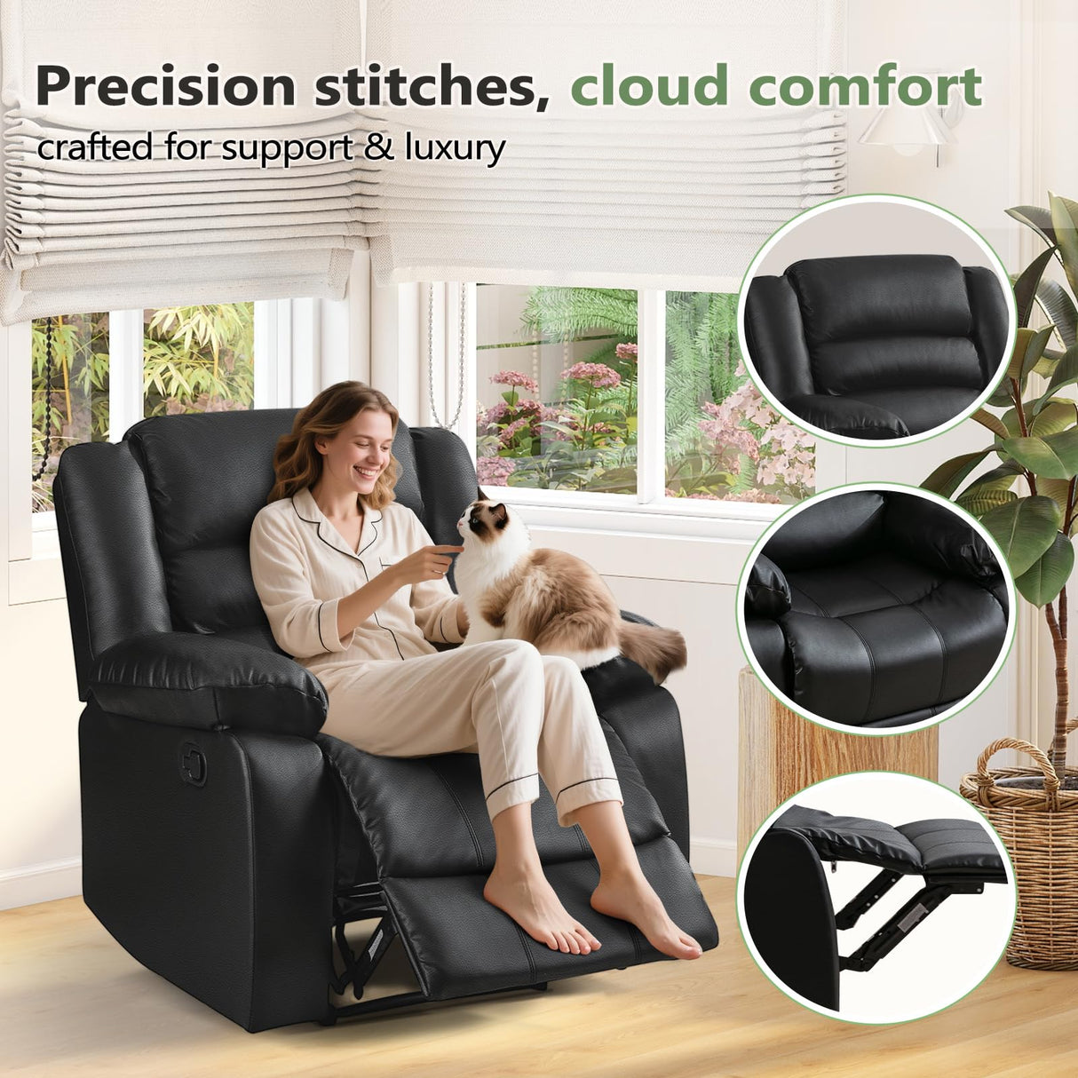 ANJ Black Recliner Chair with Overstuffed Arm and Back, Breathable Faux Leather Manual Reclining Chairs, Living Room Single Sofa Recliners ANJ