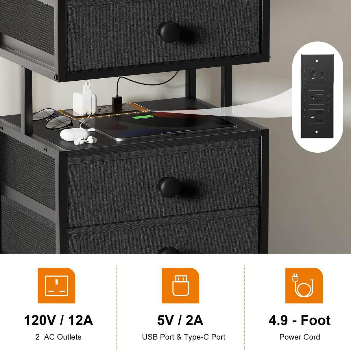 REAHOME Night Stand with Charging Station and LED Light, 4 Fabric Drawers Black Bedside Table with Open Shelf, Modern End Table with Wooden Top for Bedroom, Living Room, Hallway - Black Gery REAHOME