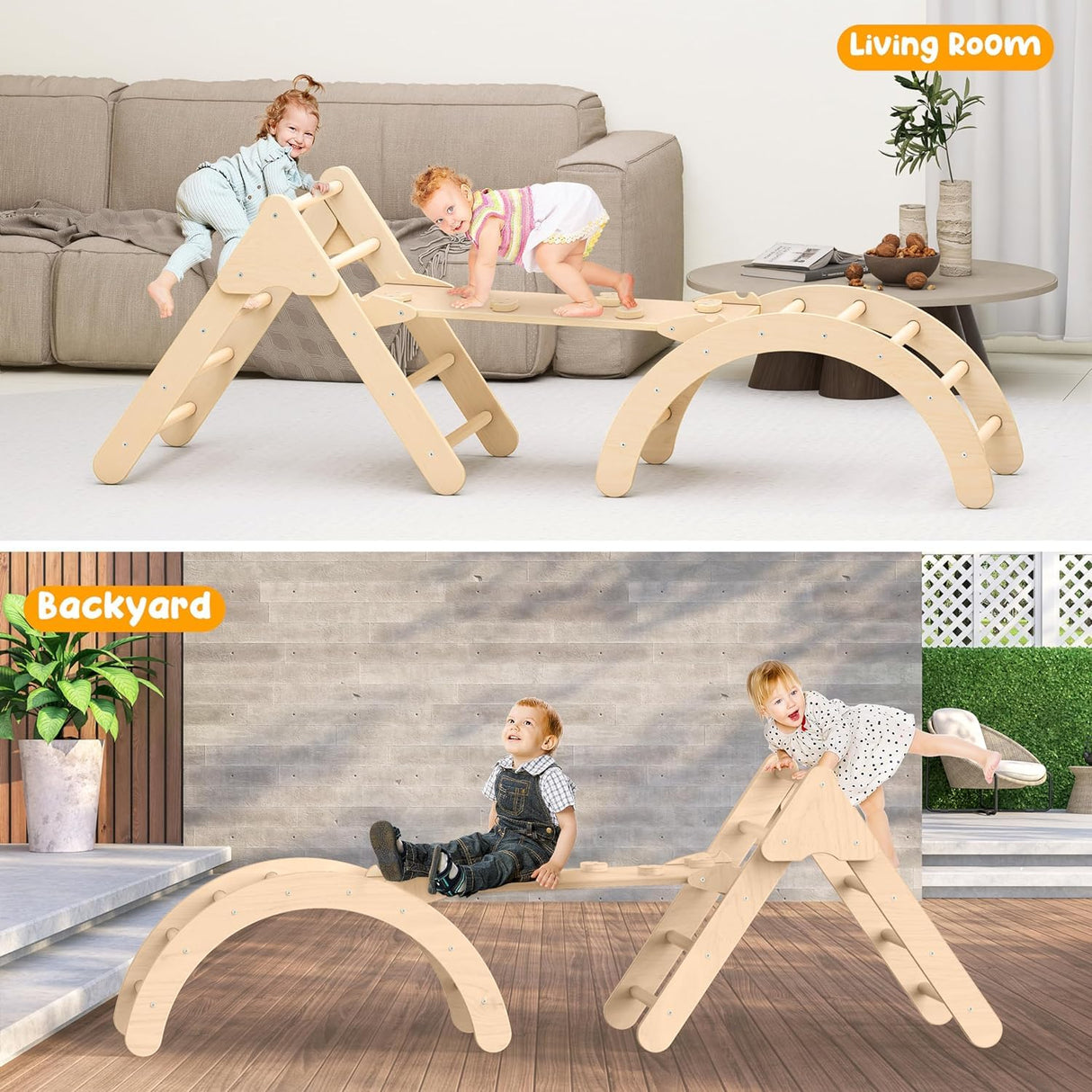 Zupemo Toddler Climbing Toys, Montessori Pikler Triangle Set for Toddlers Inside, Foldable Climbing Set with Arch Ramp, Triangle Climber, Rock Climber, Slide, Rocker, Wooden Pikler Triangle Gym Indoor Zupemo