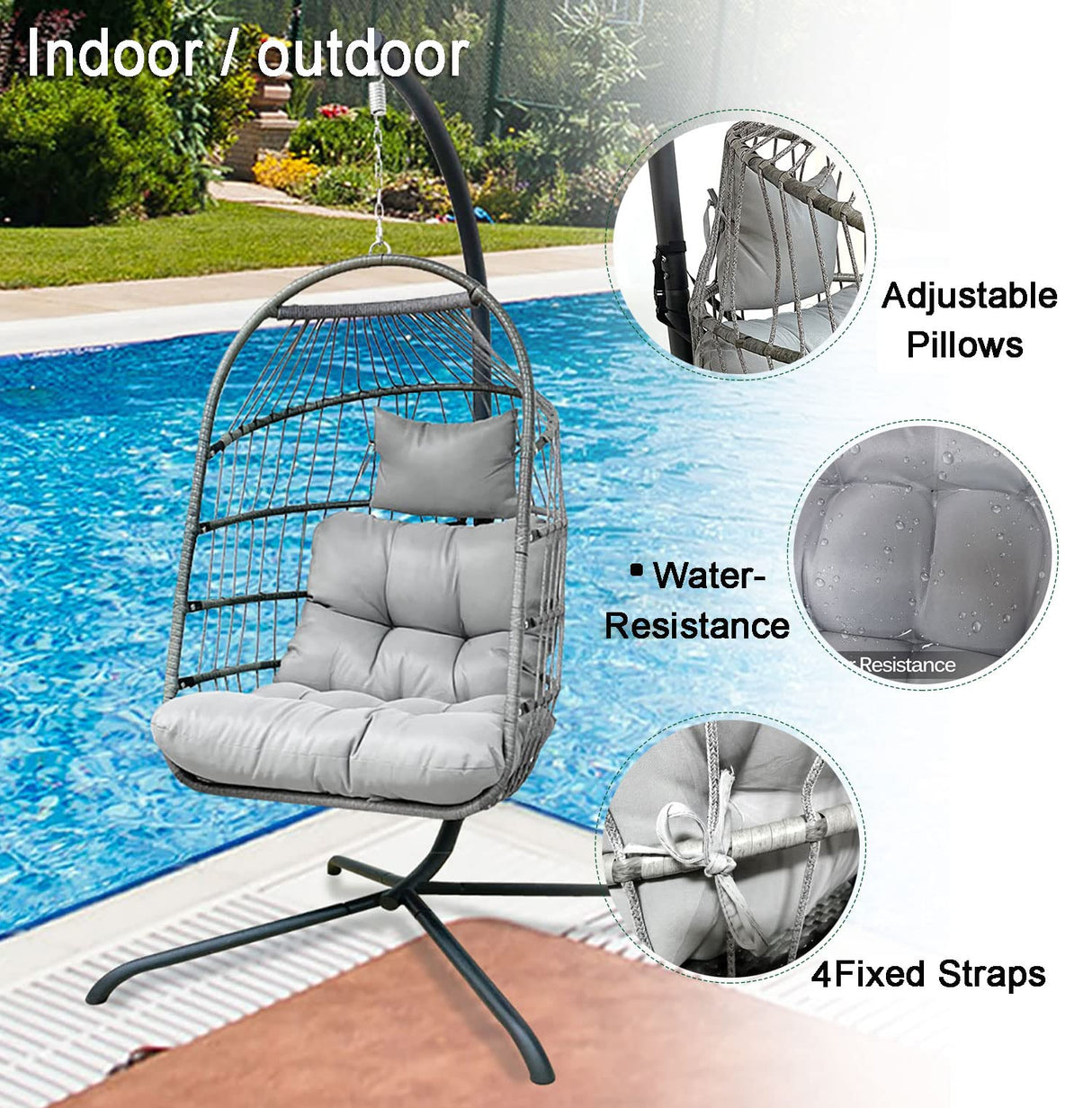 Enipate Outdoor Hanging Egg Chair Cushion, Water-Resistant Tufted Swing Basket Chairs Cushion Pads with Headrest Pillow Enipate