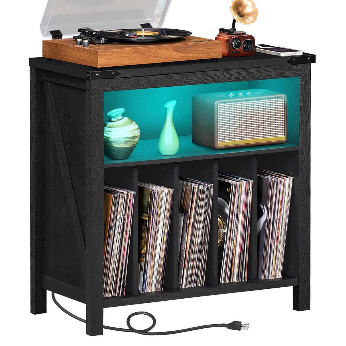 Large Record Player Stand with Charging Station & LED Lights, Vinyl Records Storage Holder Cabinet Holds up to 230 Albums, Turntable Stand for Music Room, Bedroom, Living Room, Office (Black) Joaxswe