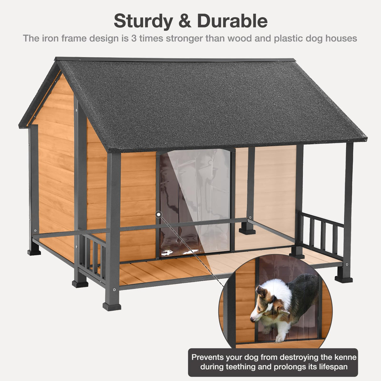 MEDEHOO Outdoor Weatherproof Dog House - Easy to Assemble Puppy Shelter with All-Around Iron Frame & Fir Wood - Ideal for Large Dog Breed MEDEHOO