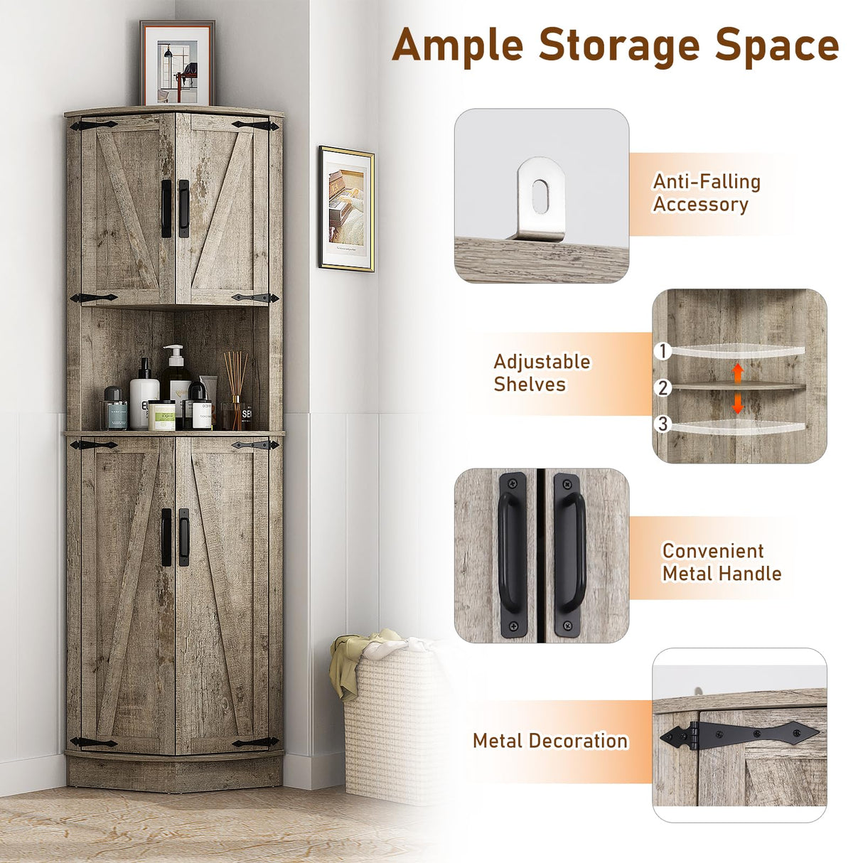 Hlivelood 68" Tall Farmhouse Corner Cabinet, Dining Room Storage Cabinet with 4 Barn Doors and 5 Level Storage with Adjustable Shelves, for Kitchen, Living Room, Laundry Room, Light Rustic Oak Hlivelood